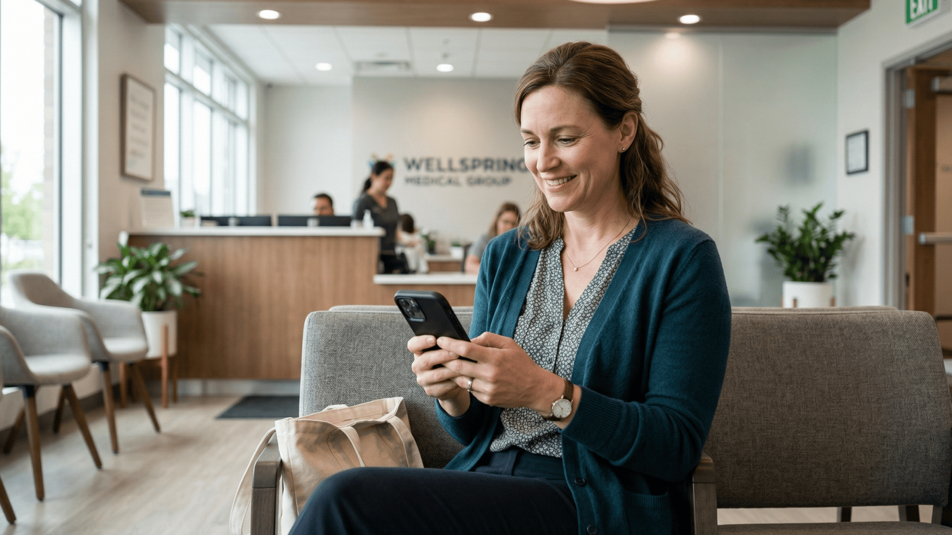 Patient checking post-visit text on smartphone outside medical clinic