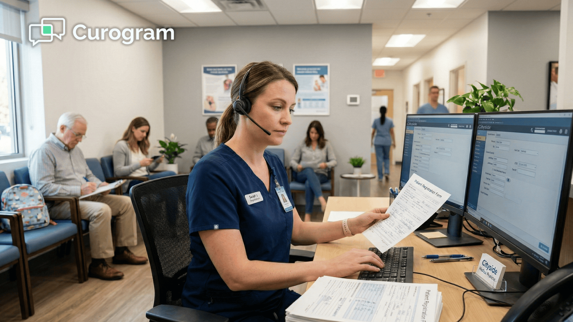 Front desk staff entering patient intake data manually into NextGen Enterprise EHR