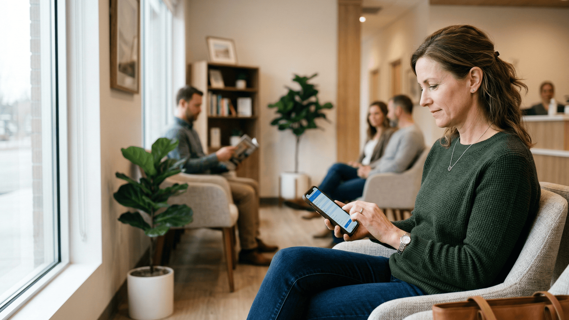 Patient completing digital intake form on smartphone before clinic visit