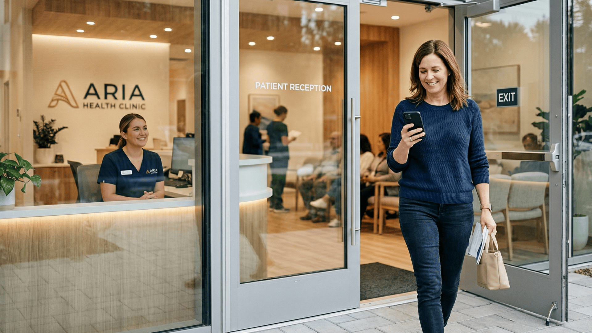 Patient leaving medical clinic reading post-visit review request text on smartphone