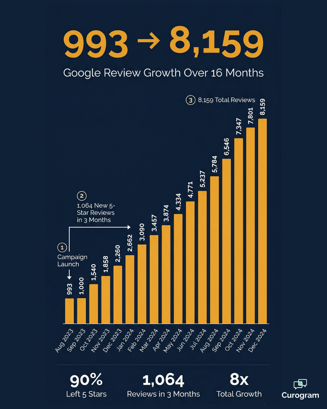 Multi-location practice Google review growth from 993 to 8,159 over 16 months