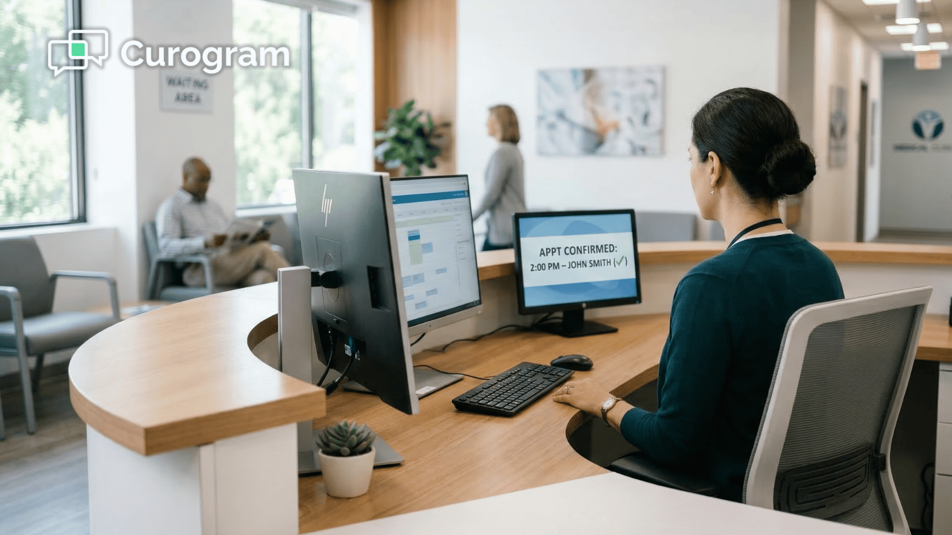 Medical receptionist viewing confirmed NextGen appointments on office desktop screen.