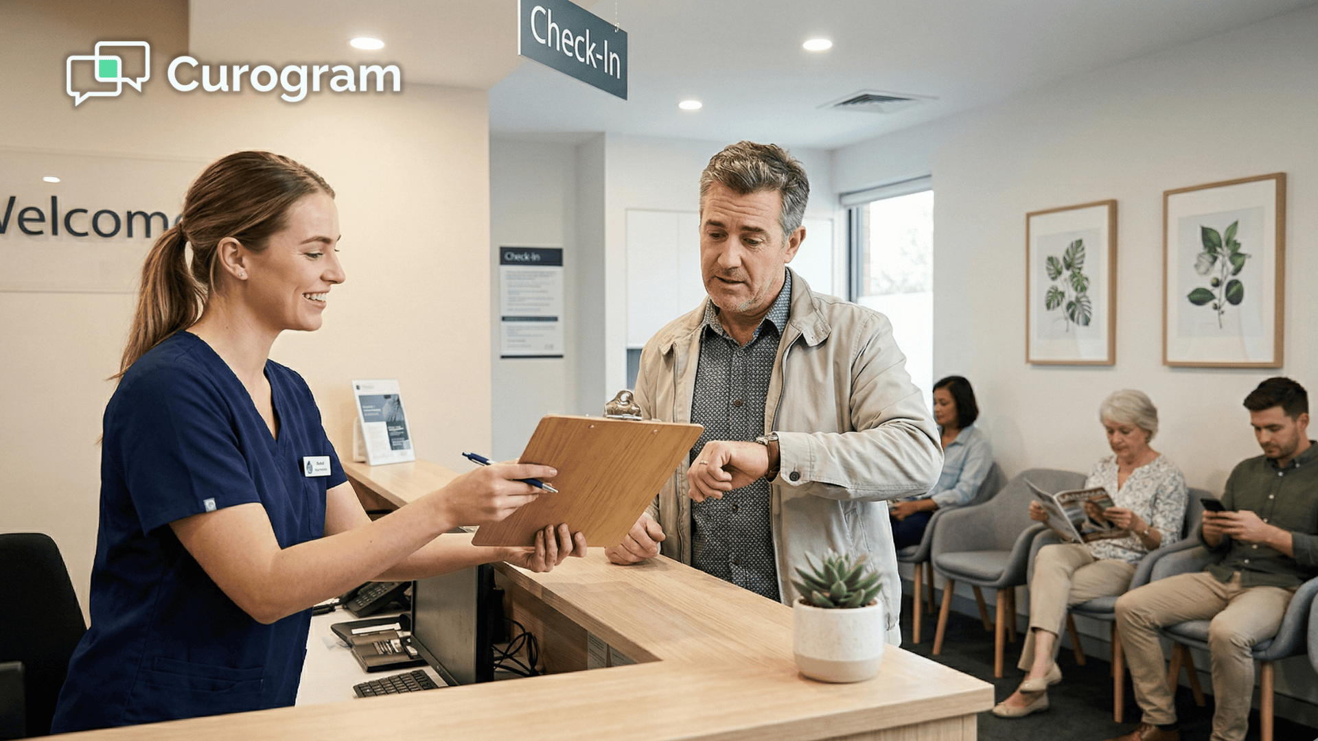 Front desk staff handing intake clipboard to patient at a busy medical practice check-in