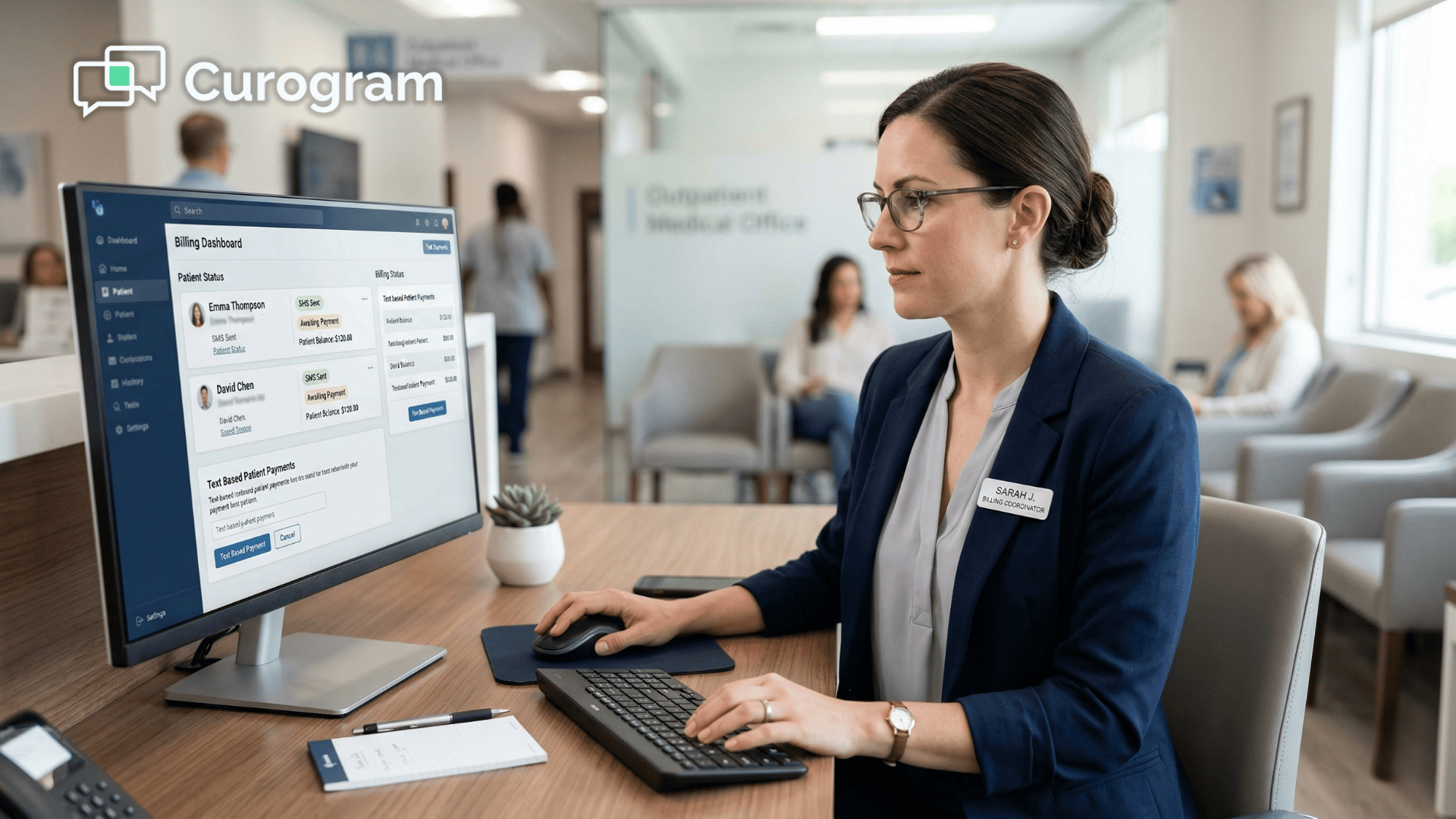 Medical billing staff reviewing patient payment dashboard at front desk