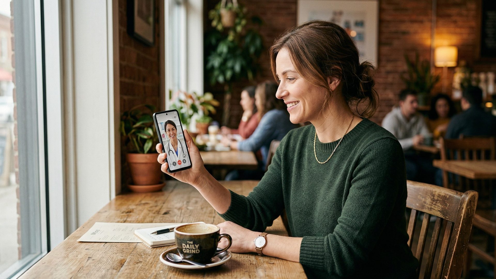 Woman on lunch break joining a doctor video visit instantly by tapping a text link