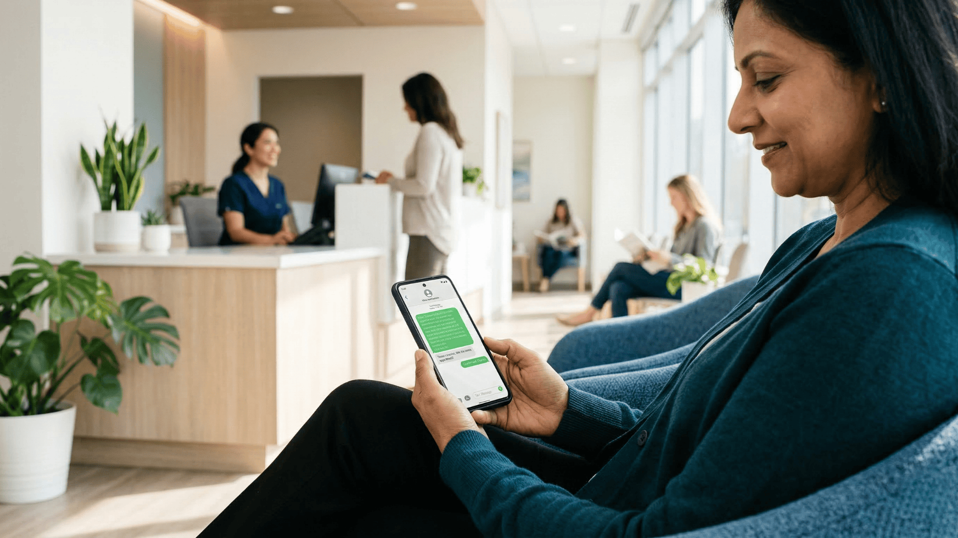 Patient confirming appointment via text in clinic waiting room