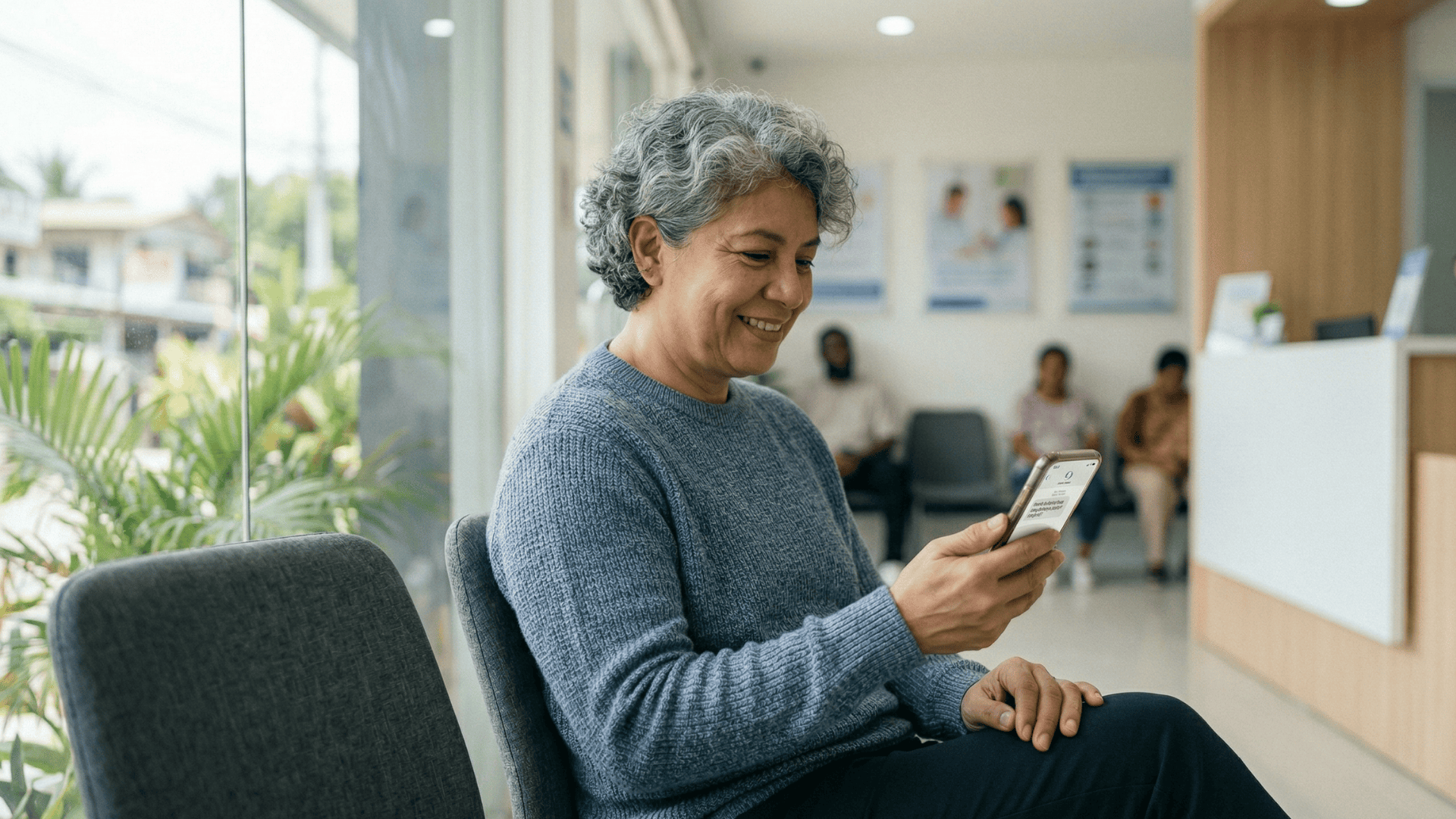 Patient reading an automated post-visit review request text after a clinic appointment