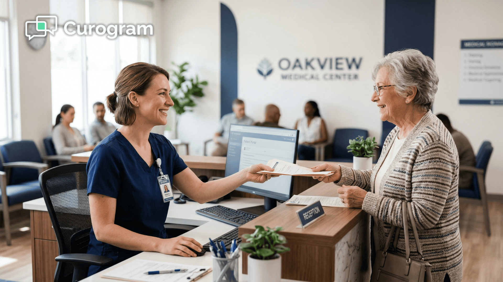 Front desk staff completing a patient visit at a modern ambulatory clinic