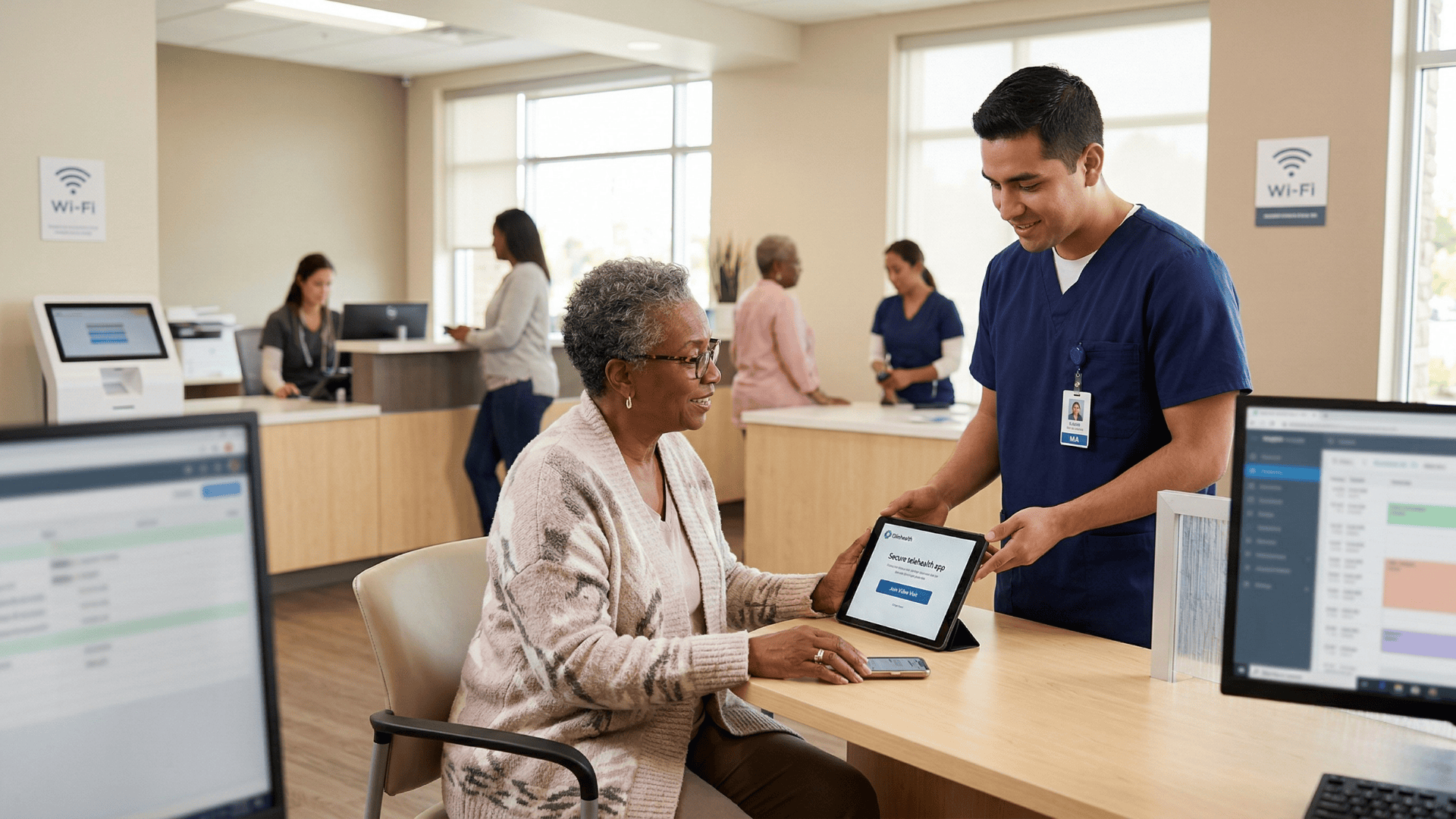 Patient connects to telehealth visit with staff support in clinic
