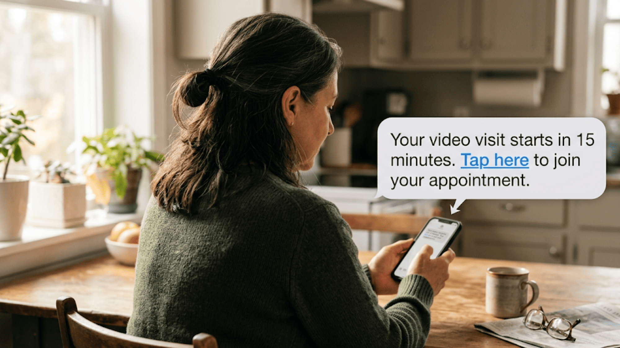 Woman receiving SMS video visit link with tappable join button on her smartphone at home
