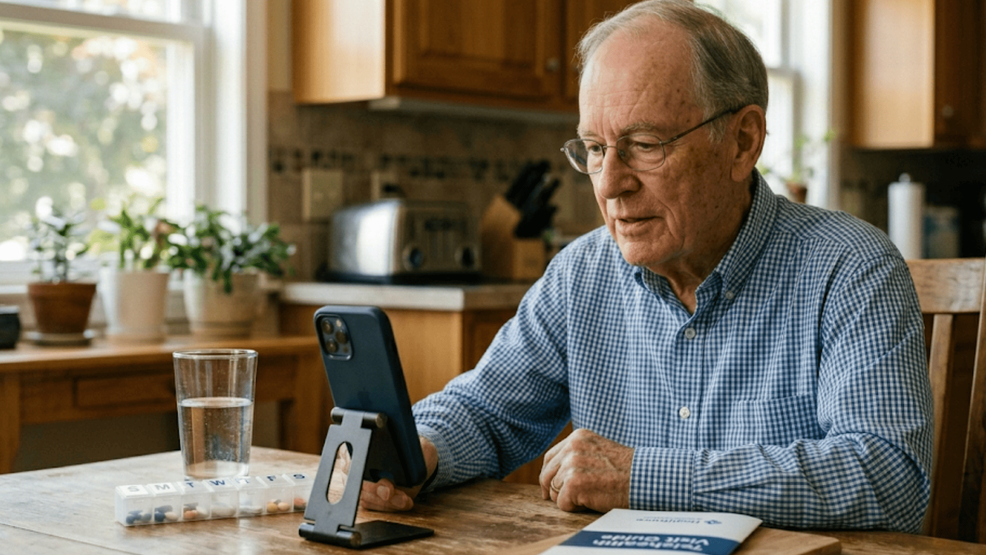 Elderly man on a virtual post-op vascular consultation via SMS-launched video at his kitchen table