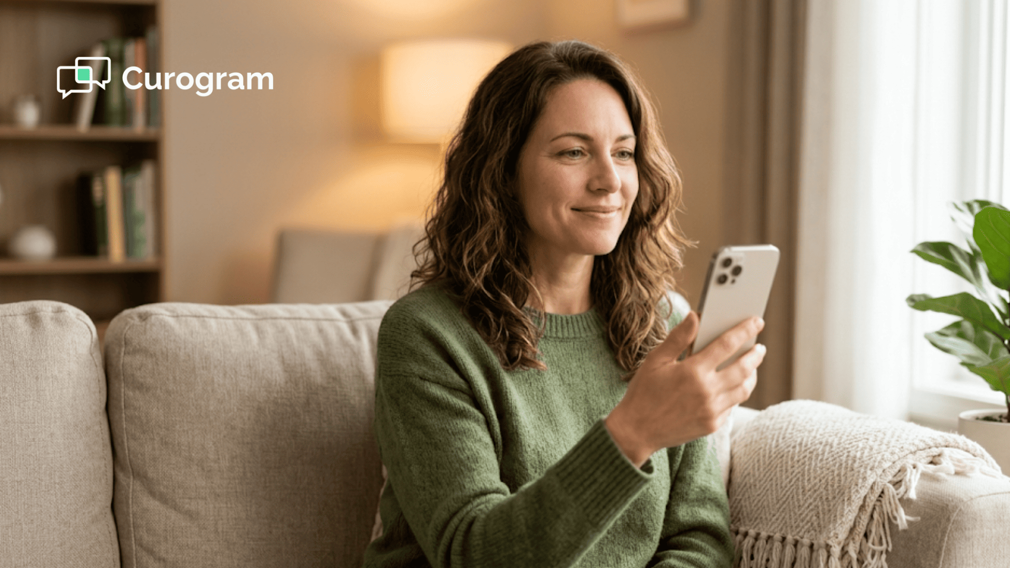 Woman comfortably joining a no-app-download telemedicine virtual visit from her home couch