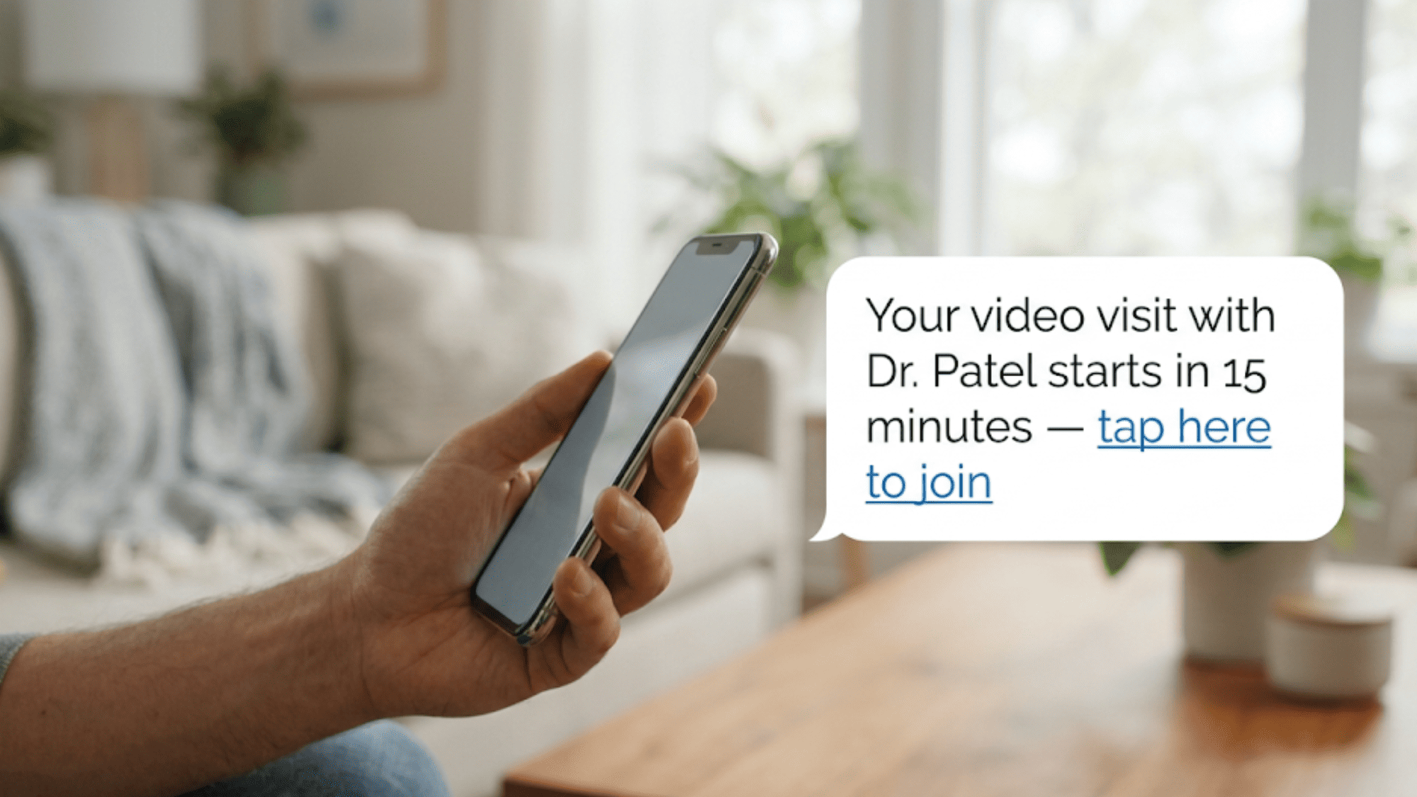 Floating SMS message with a tap-to-join link for a no-login browser-based virtual visit