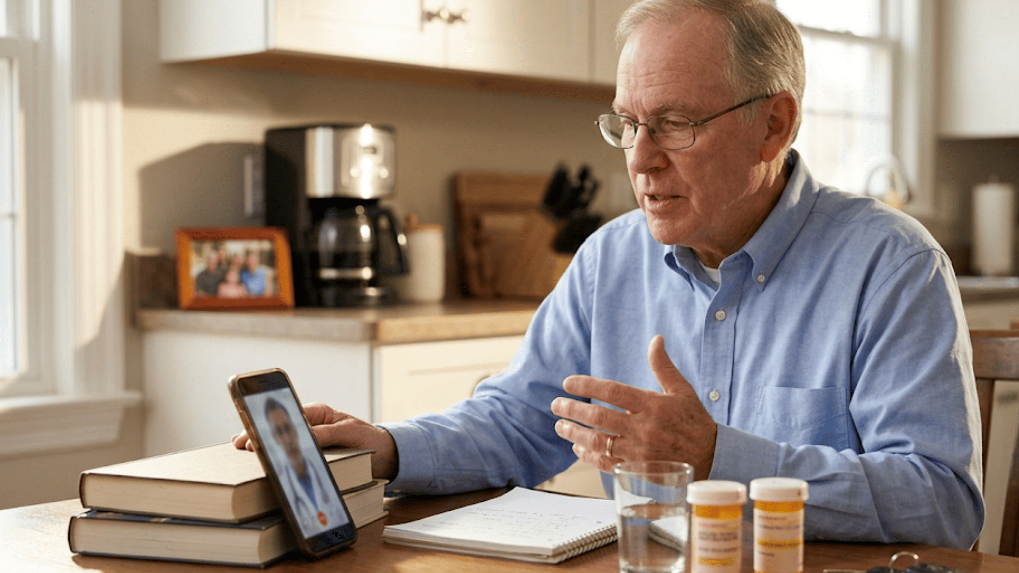 Senior man having a pre-procedure consultation by video call at home, with prescription bottles and notes beside his propped-up phone