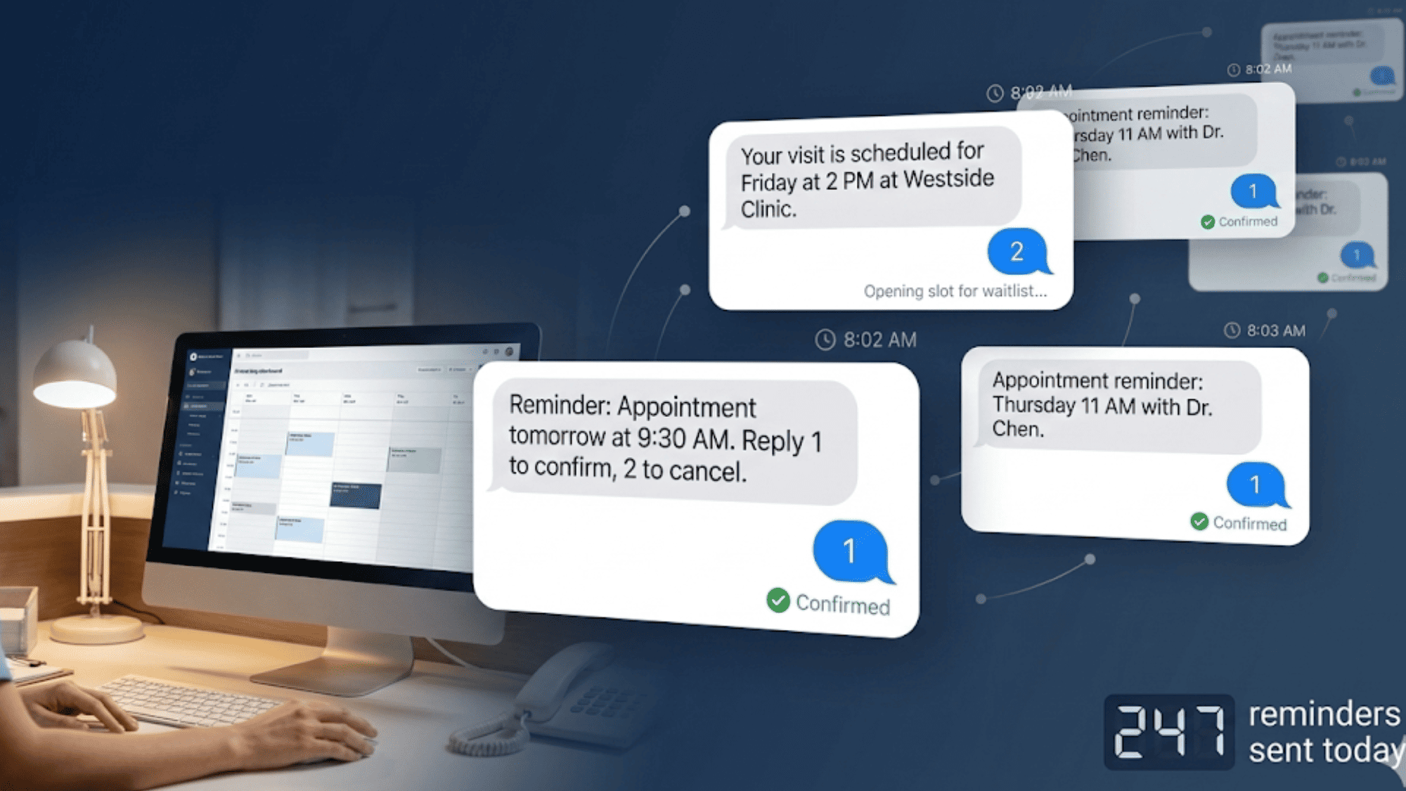 Healthcare SMS reminder system sending simultaneous appointment confirmations to patients