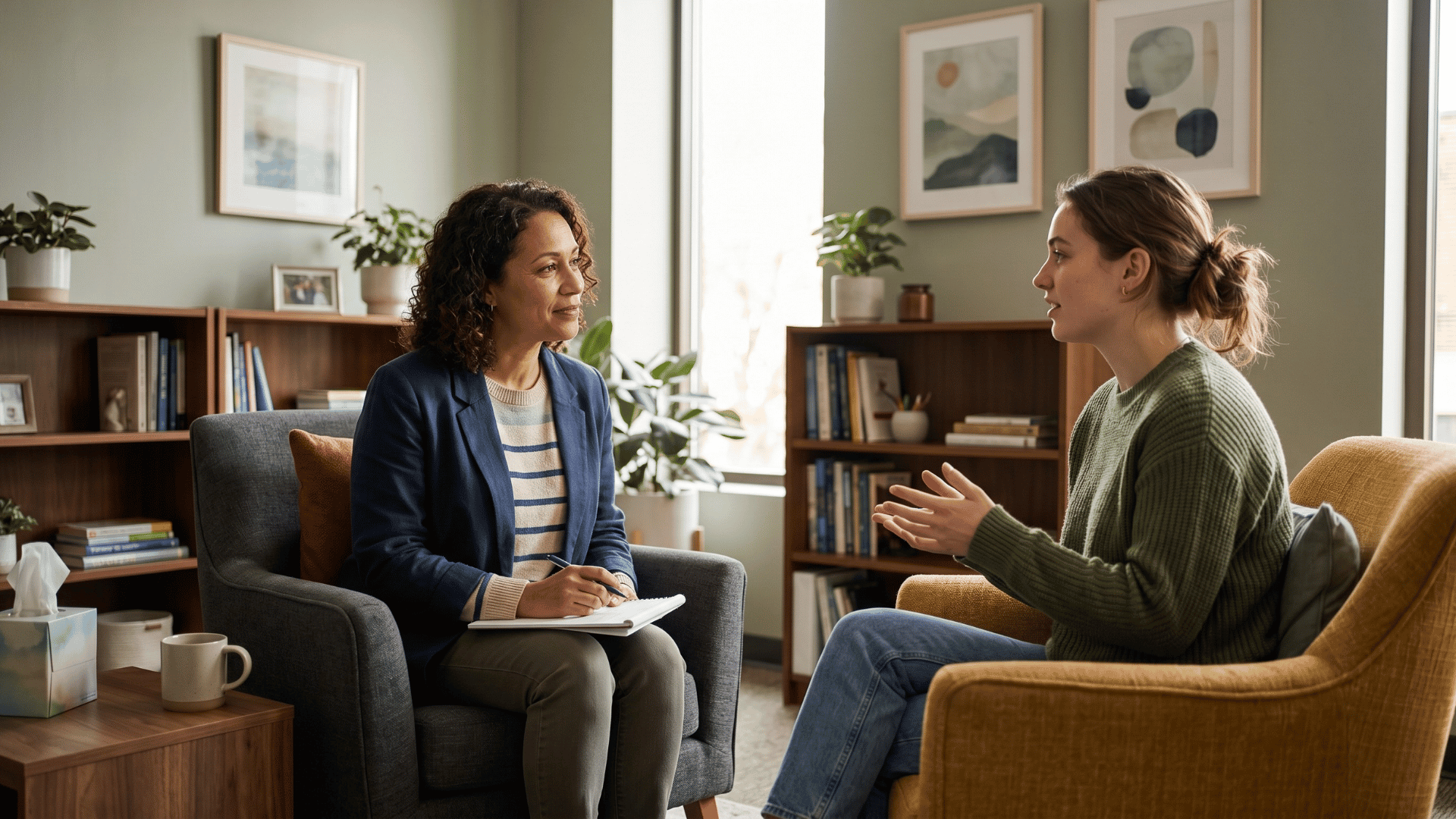 Therapist and client talking warmly, showing open patient communication