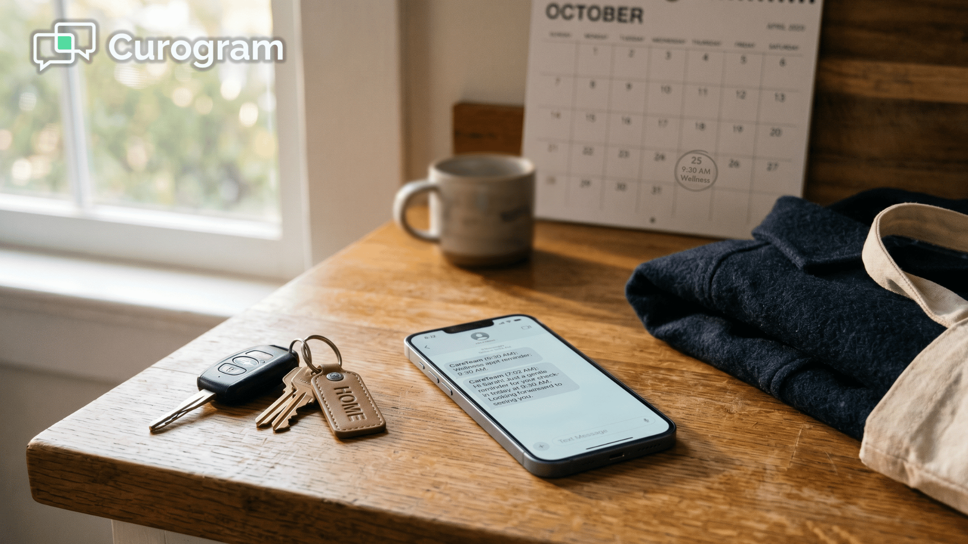 Phone on a kitchen counter at dawn showing an appointment reminder before a therapy visit