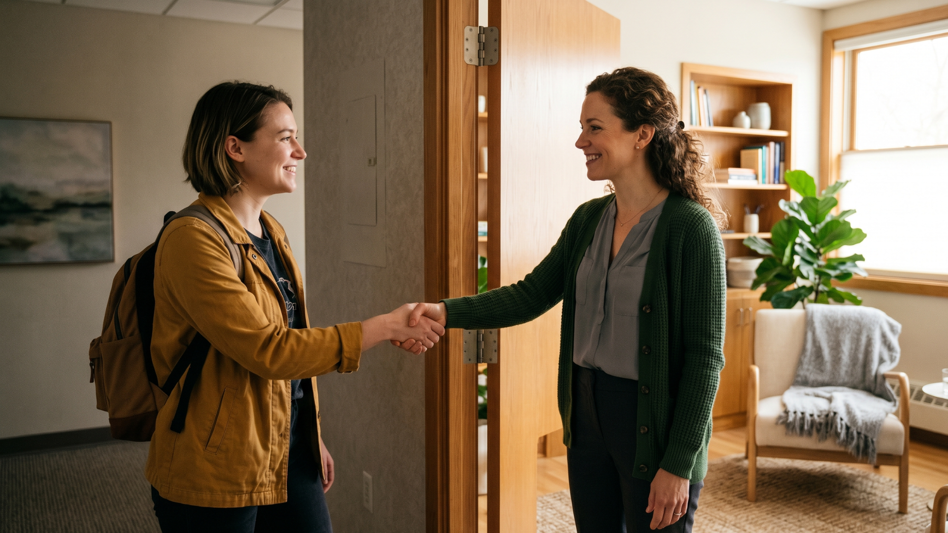 Therapist warmly welcoming a behavioral health client into a sunlit office for a session