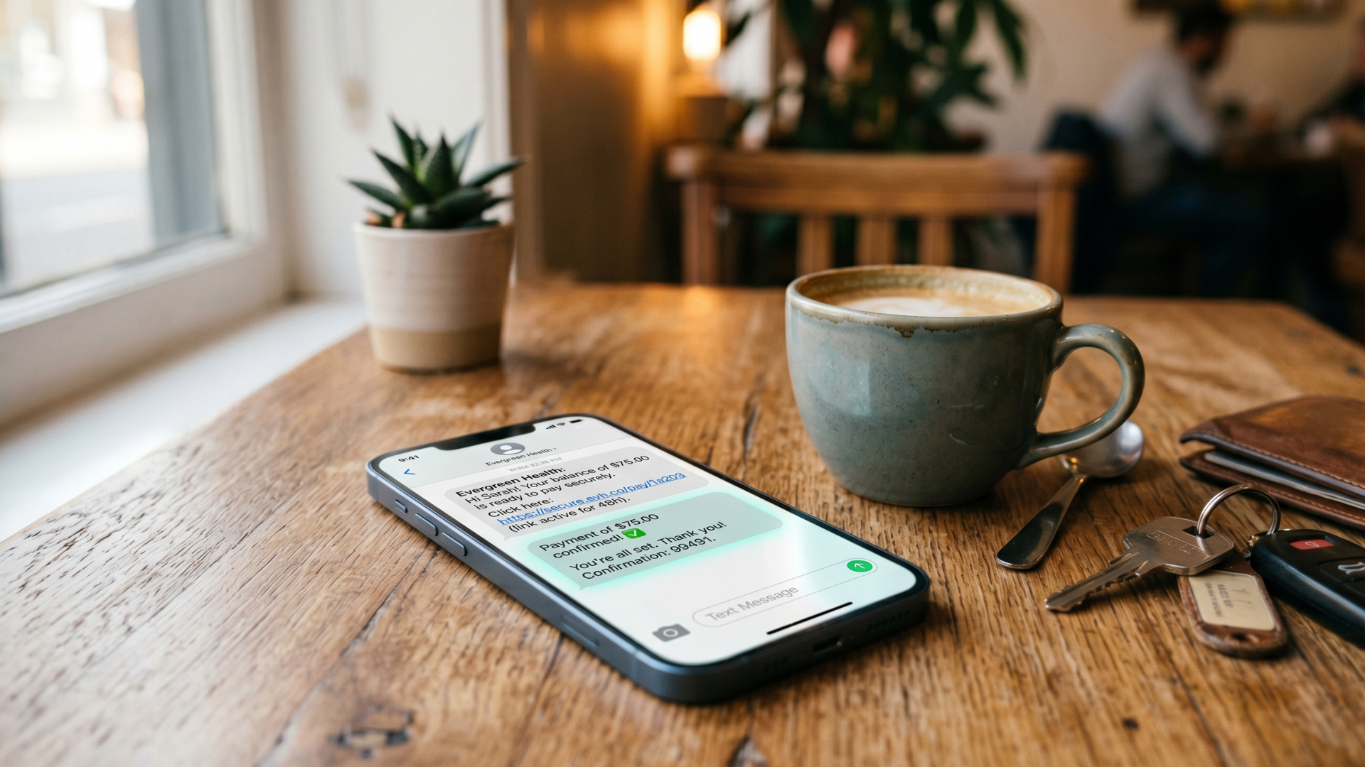 Text-to-pay SMS link on a phone showing a behavioral health balance paid in seconds