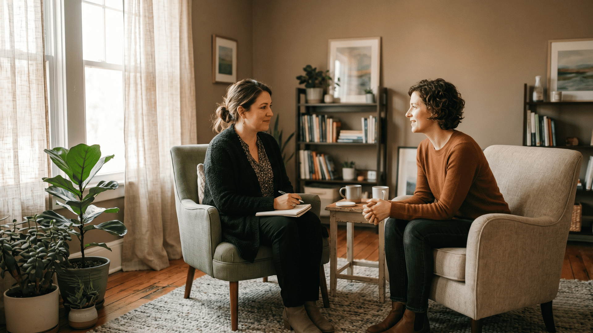 Therapist and client in a calm, sunlit office during a behavioral health session