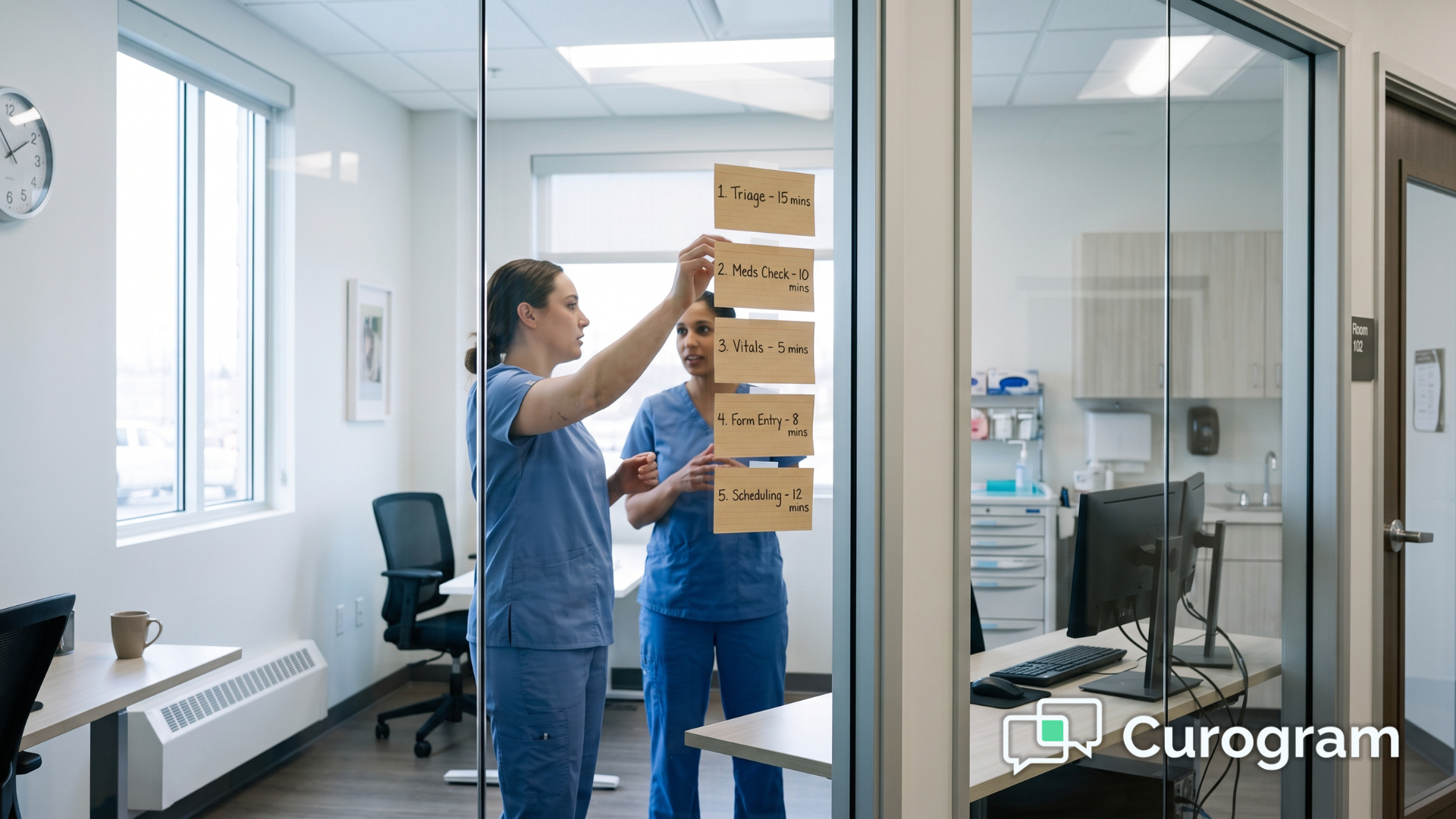 Clinic staff ranking the top textable front desk call types on index cards