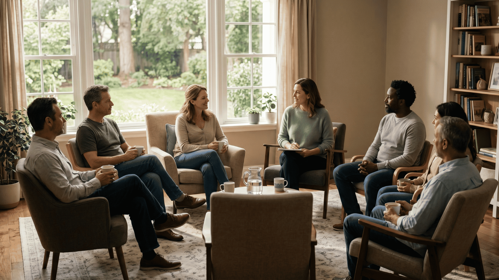Behavioral health group therapy session starting on time, full attendance