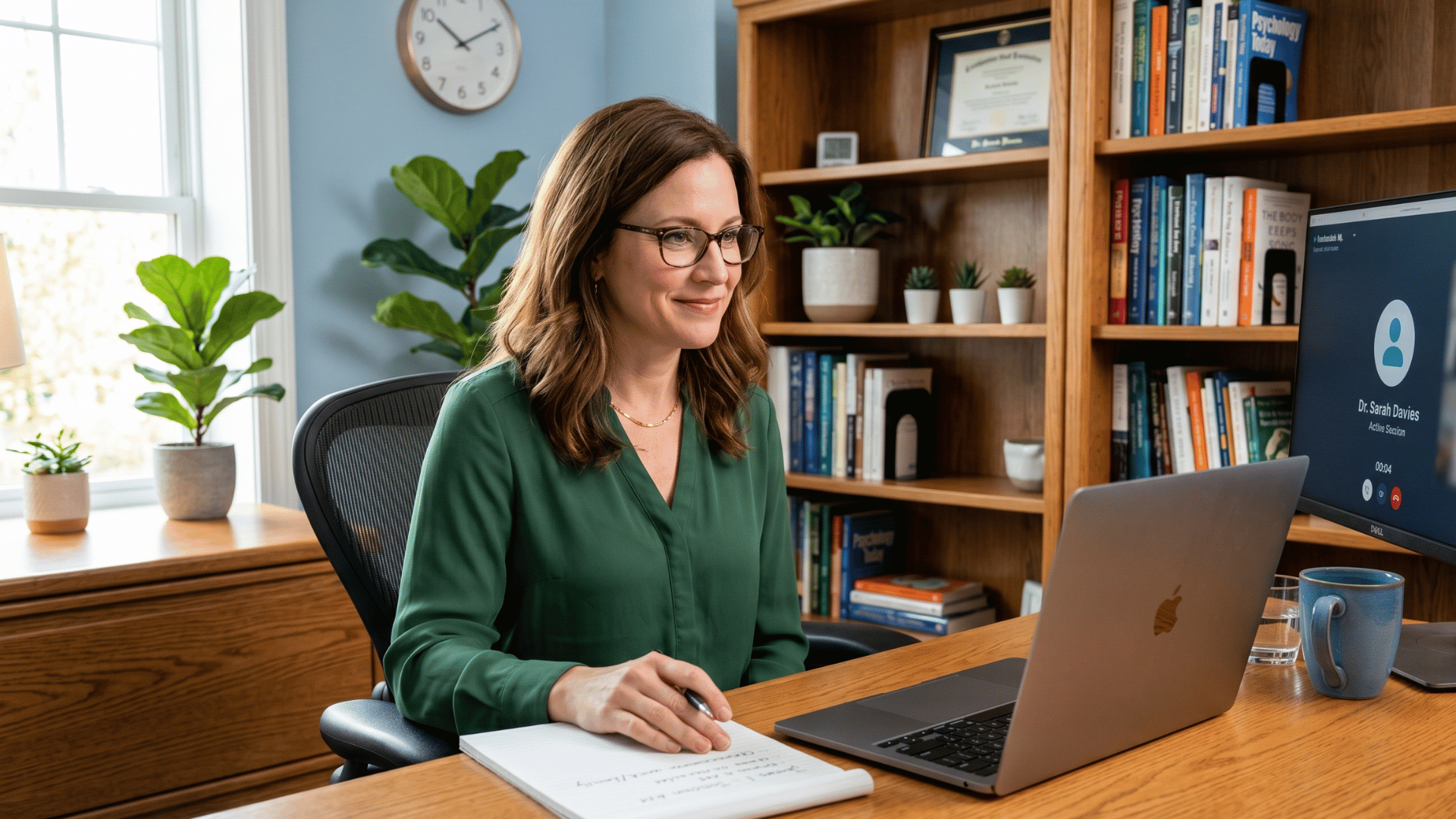 Behavioral health clinician beginning an on-time telehealth session on a laptop