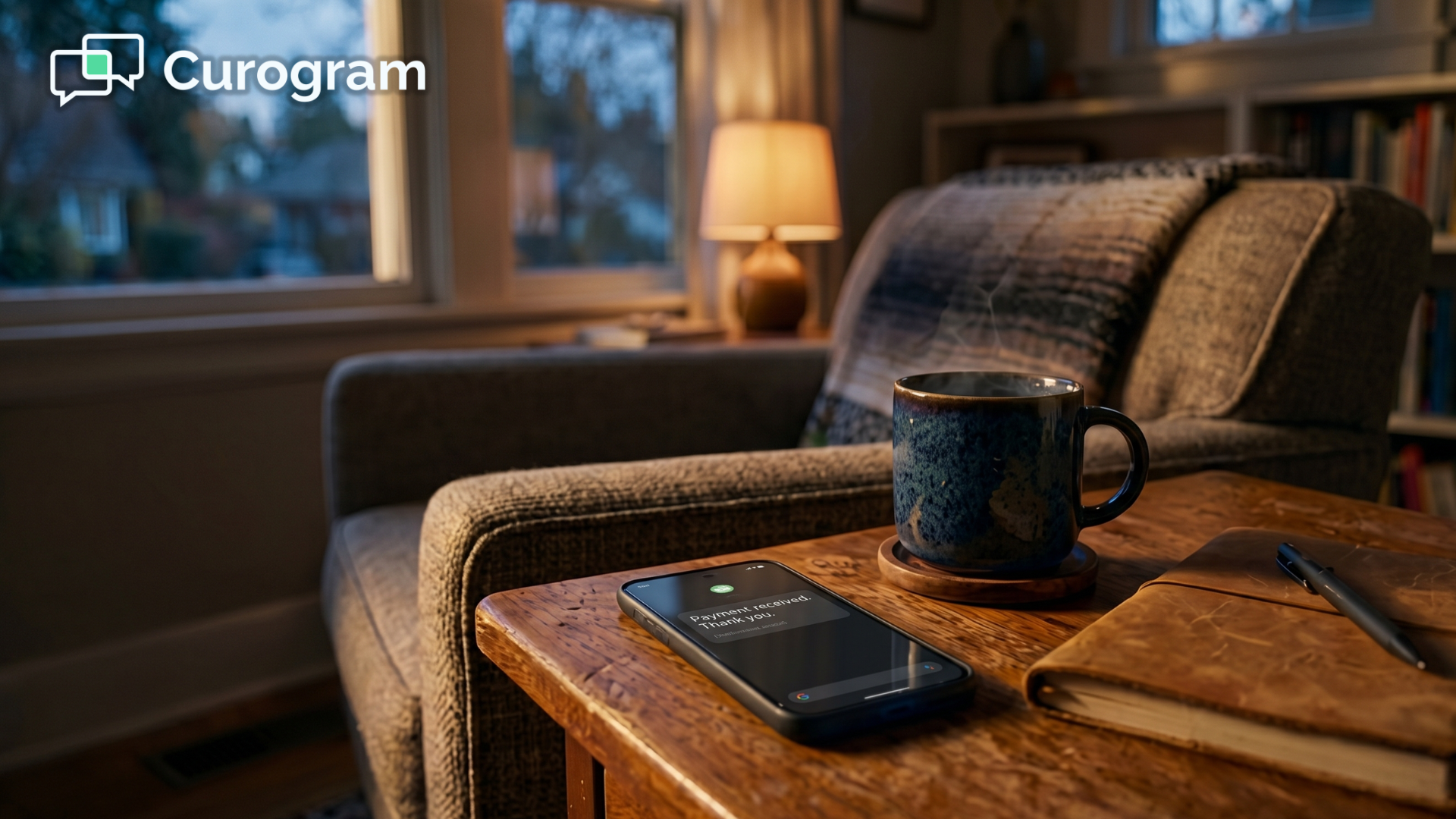 Smartphone showing a secure text-to-pay confirmation for a behavioral health copay at home