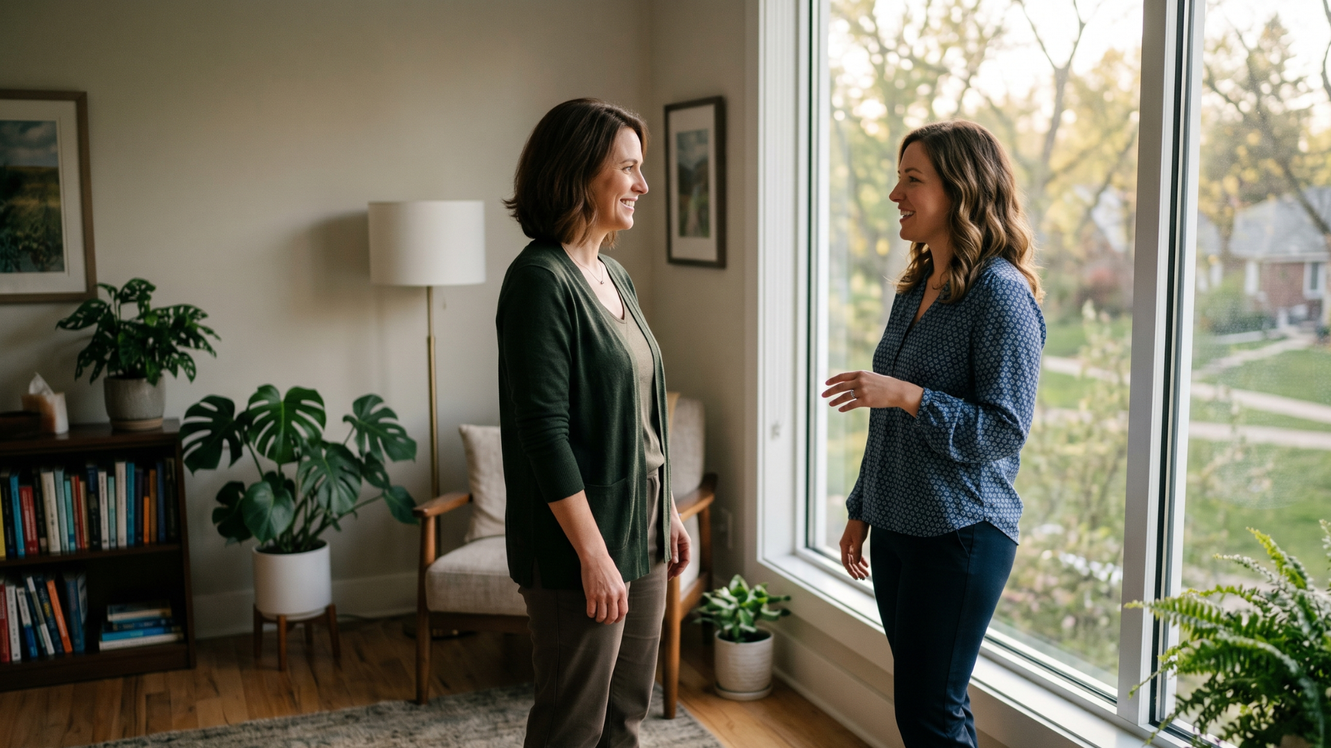 Behavioral health clinician and client talking warmly, free of a billing interruption