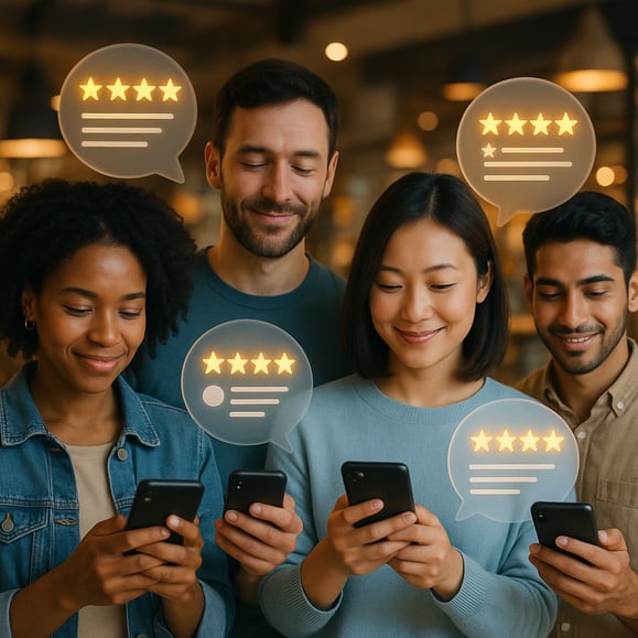 Consumers reading positive online reviews on their phones, demonstrating the importance of online reviews management for building customer trust.