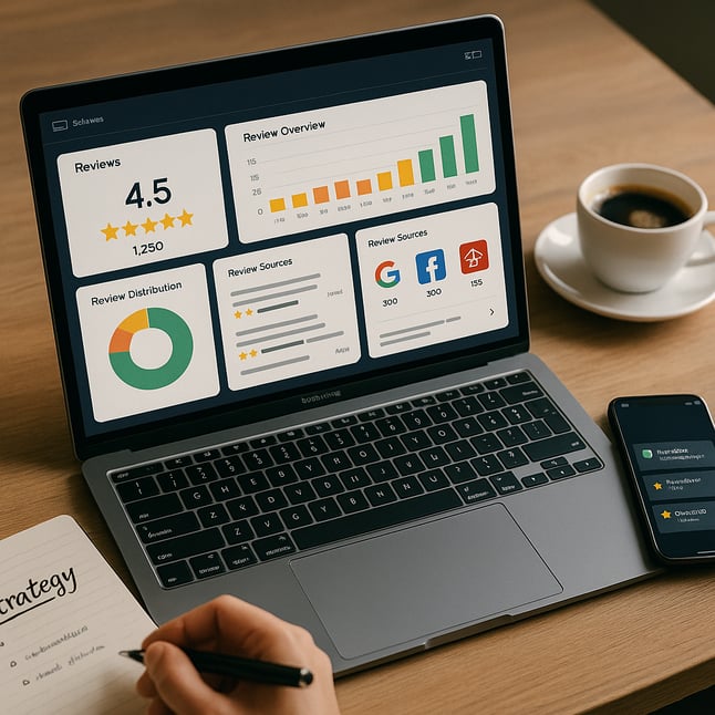 A desk showing the essential tools for online reviews management, including specialized software on a laptop.