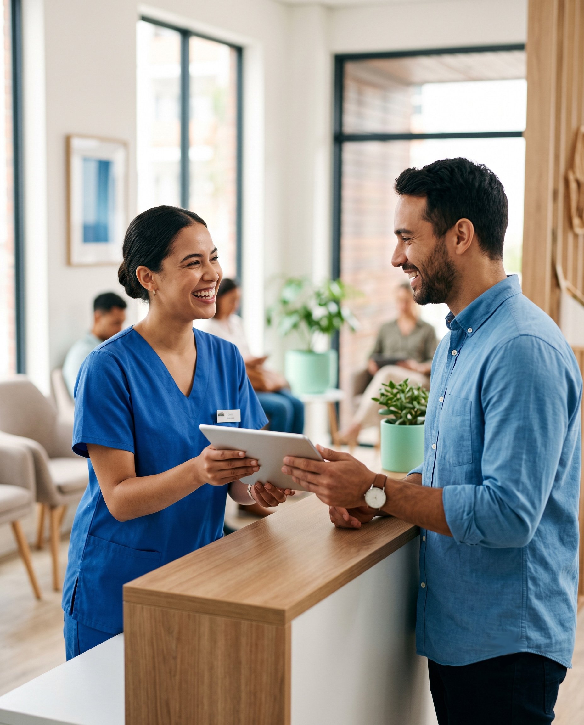 Front-desk staff at a modern clinic with a patient