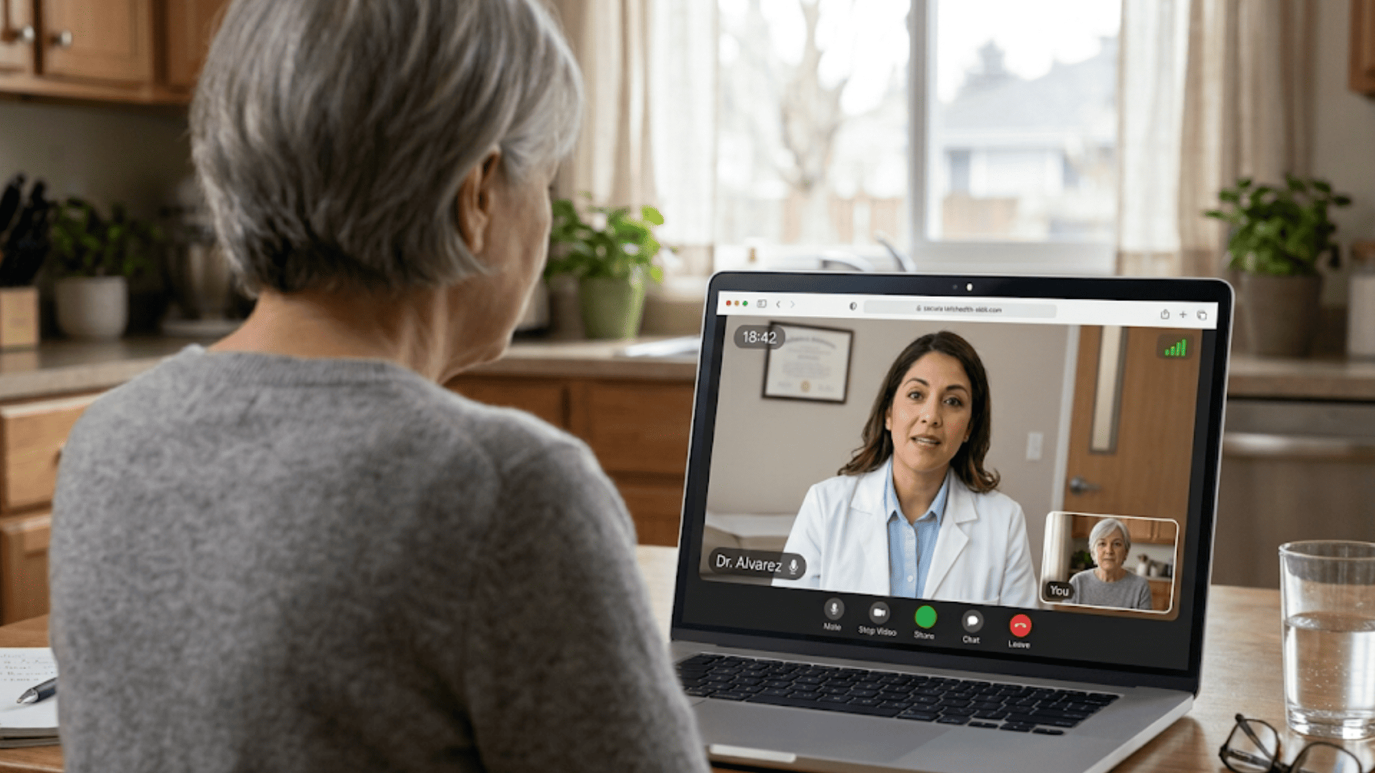 Older woman attending a virtual doctor appointment on a laptop at her kitchen table