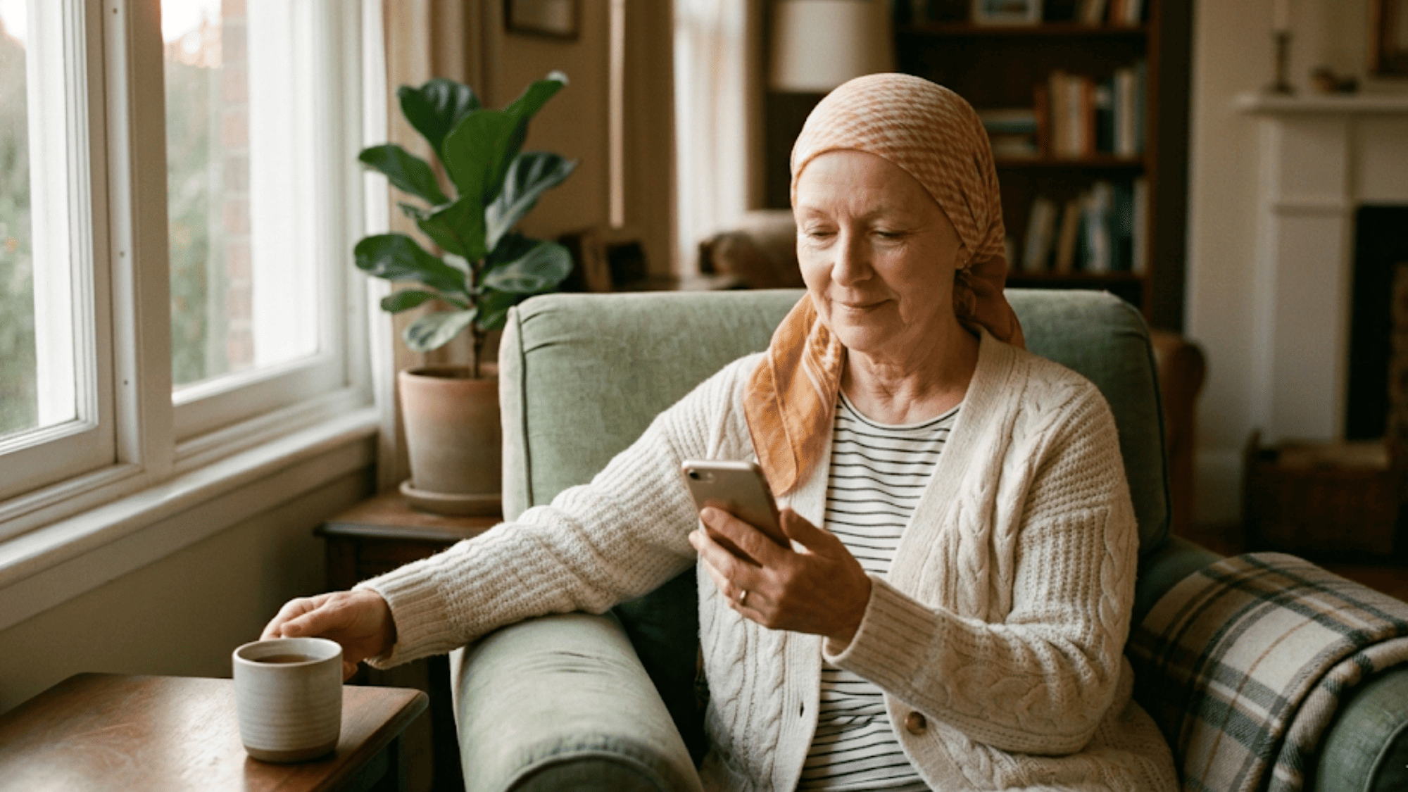 Older oncology patient comfortably reading a text reminder from her clinic at home