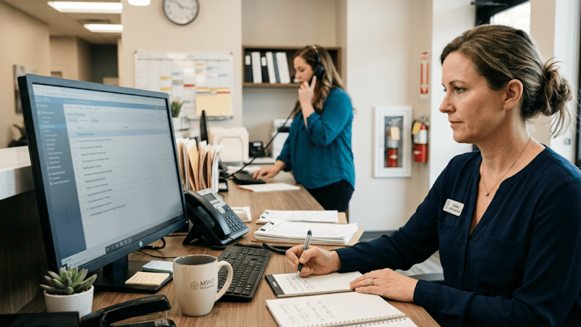 Medical office manager reviewing patient recall lists at her workstation