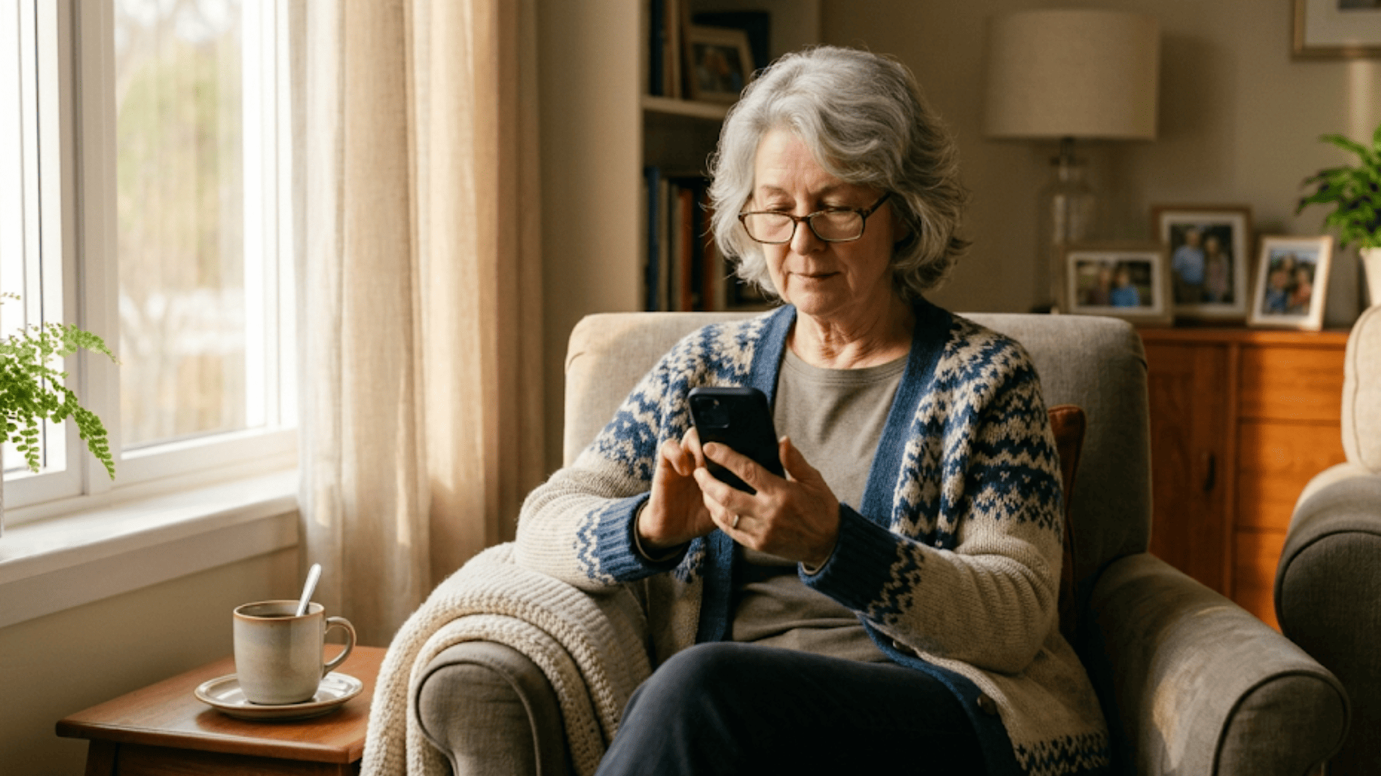 Older oncology patient calmly completing a secure digital intake form on her smartphone at home