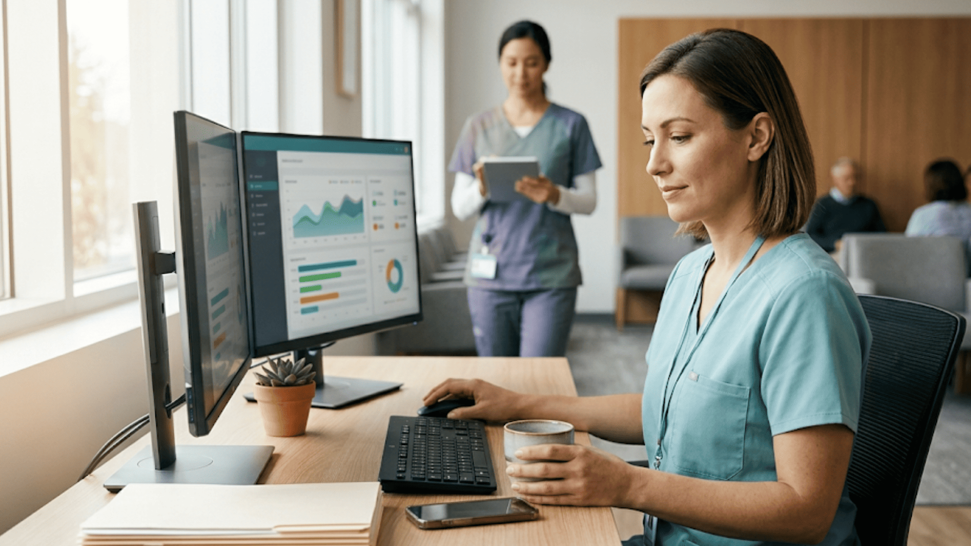 Oncology front desk staff member managing a patient recall campaign on a modern dashboard
