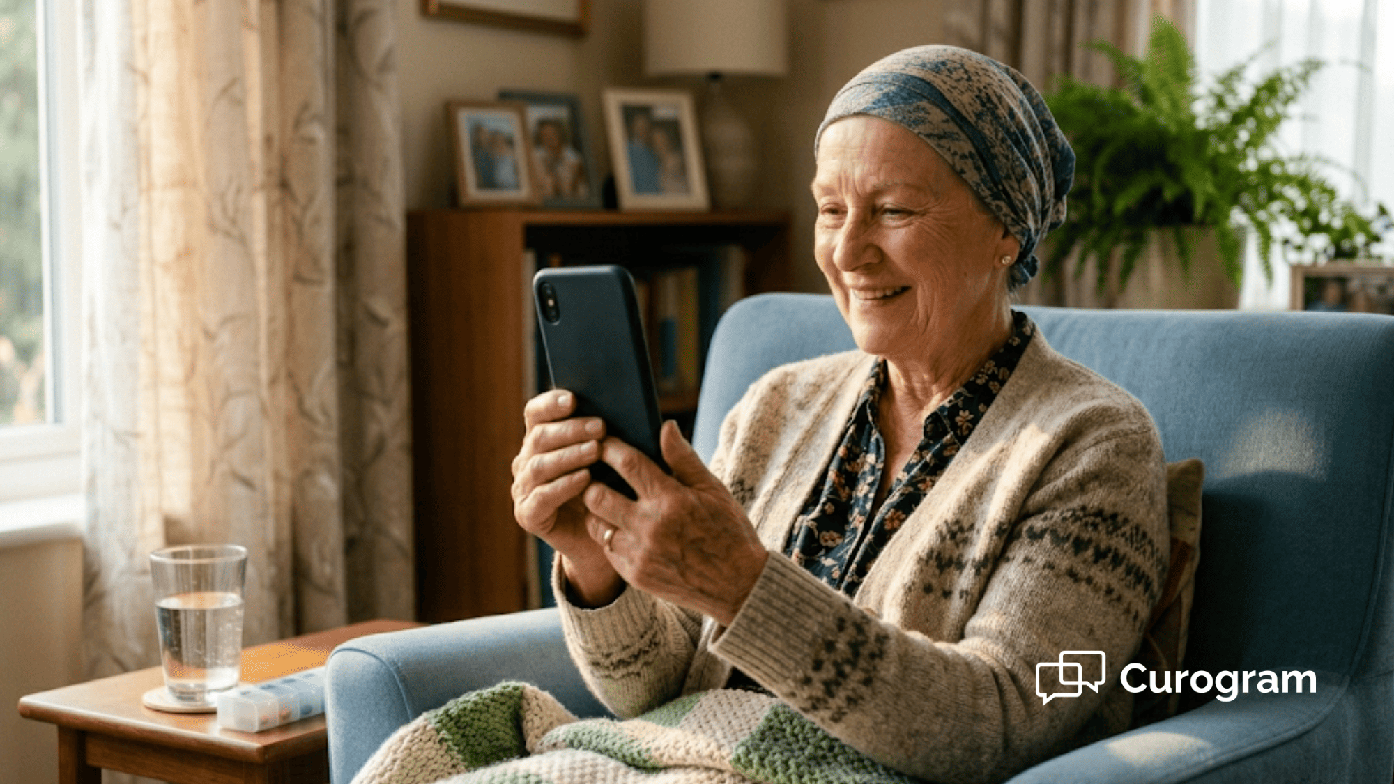 Senior cancer patient using text-link telemedicine from her living room