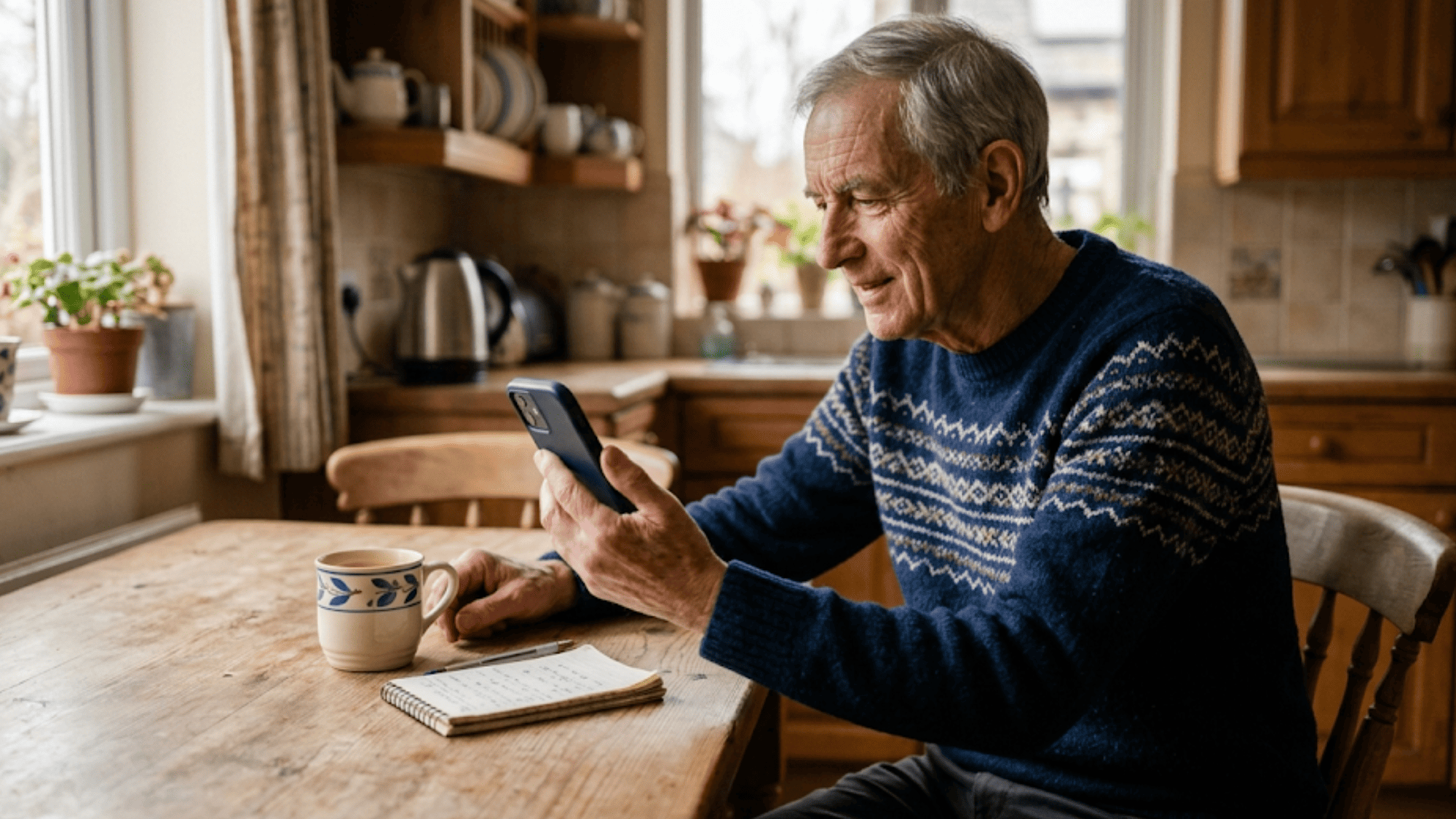 Senior oncology patient joining a text-link video visit from his kitchen