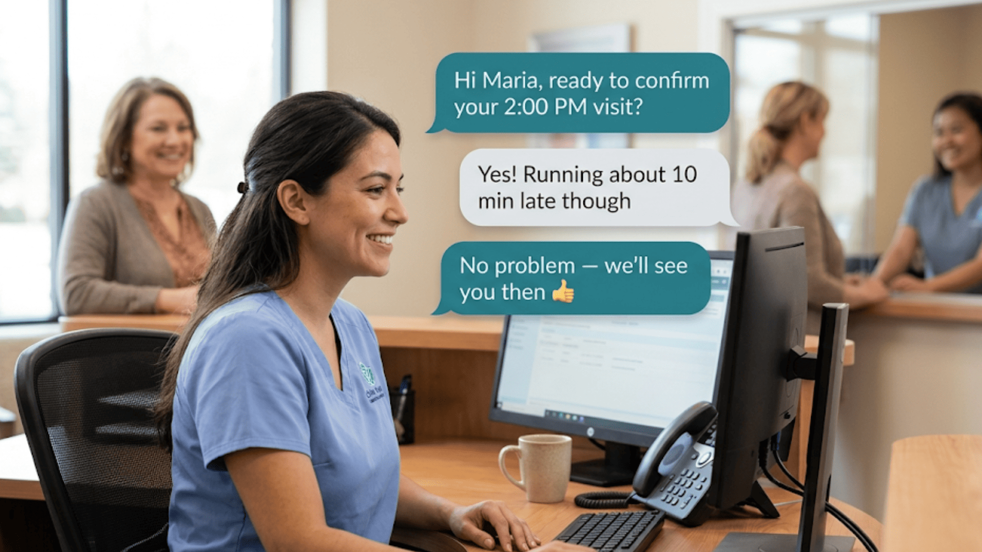 Calm clinic receptionist confirming a visit through HIPAA-compliant 2-way patient texting for Lytec