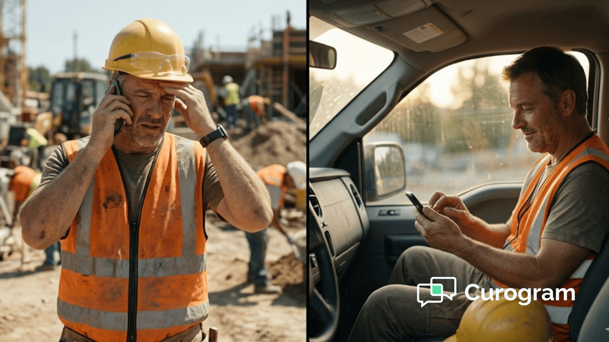 Split image of a worker stressed on a phone call at a job site and relaxed rescheduling by text in his truck
