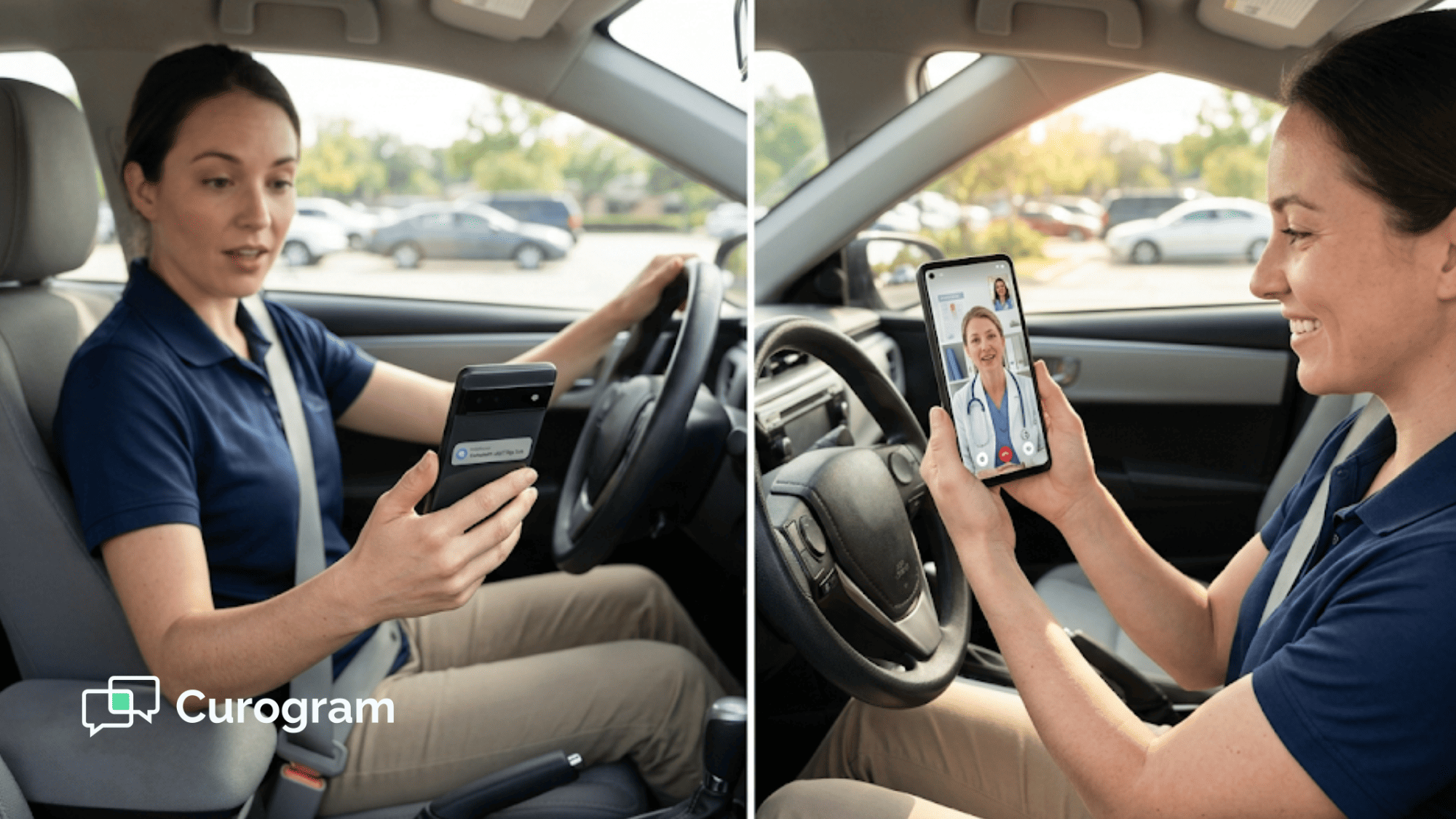 Patient in a parked car tapping a text link on their phone and connecting to a live video visit with a provider