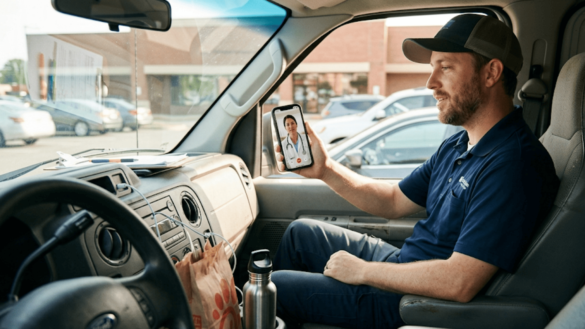 Delivery driver sitting in his truck having a video visit with his doctor on his smartphone during a lunch break