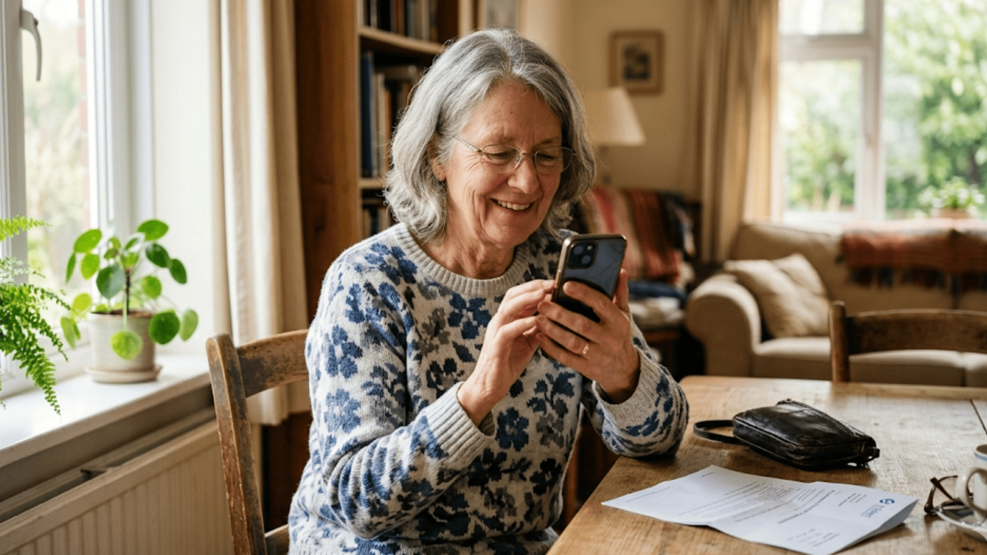 Older woman smiling at her phone after leaving a 5-star Google review for her doctor