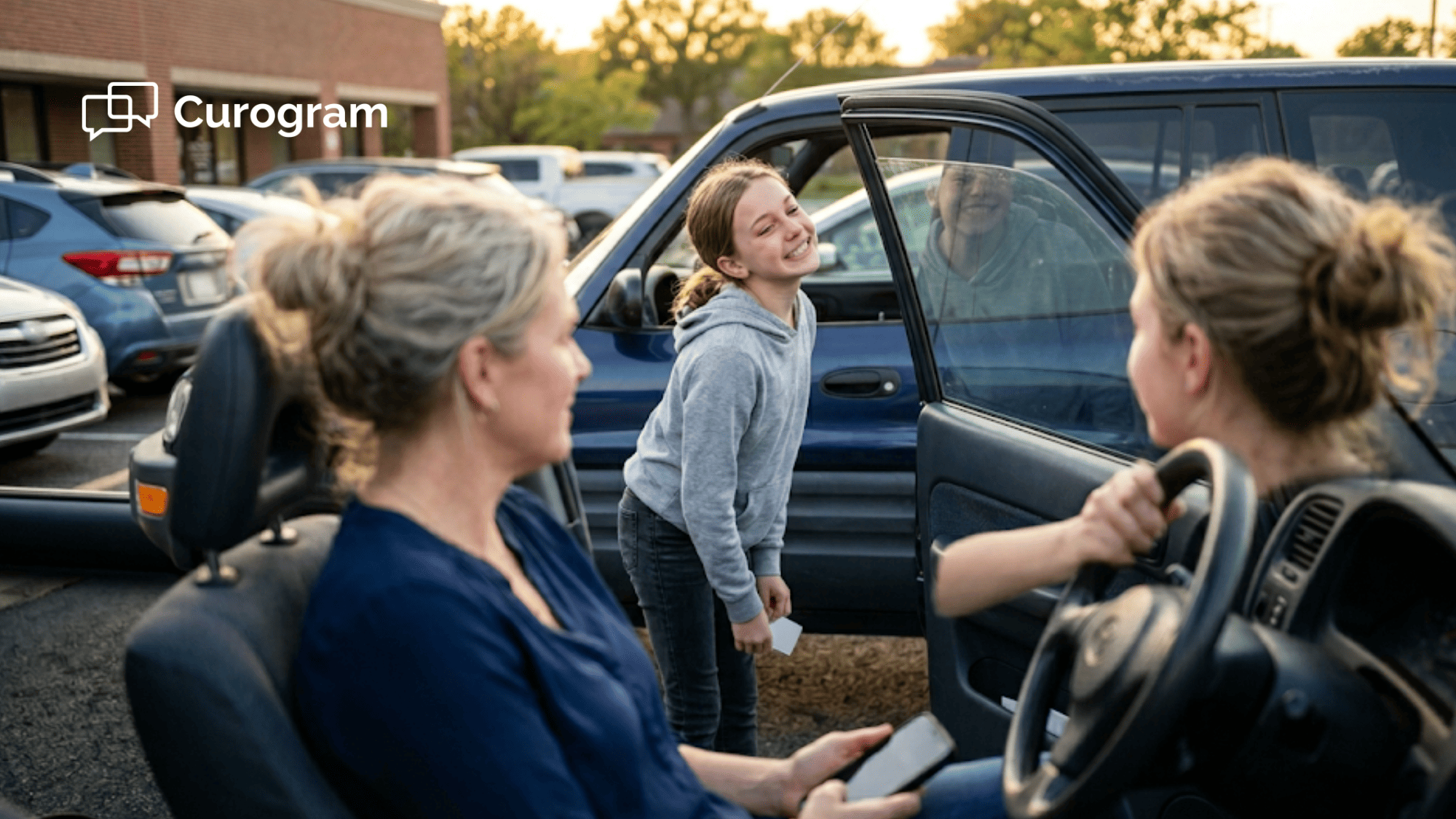 Parking lot moment capturing the peak emotion that drives one-tap Google reviews for orthodontic practices