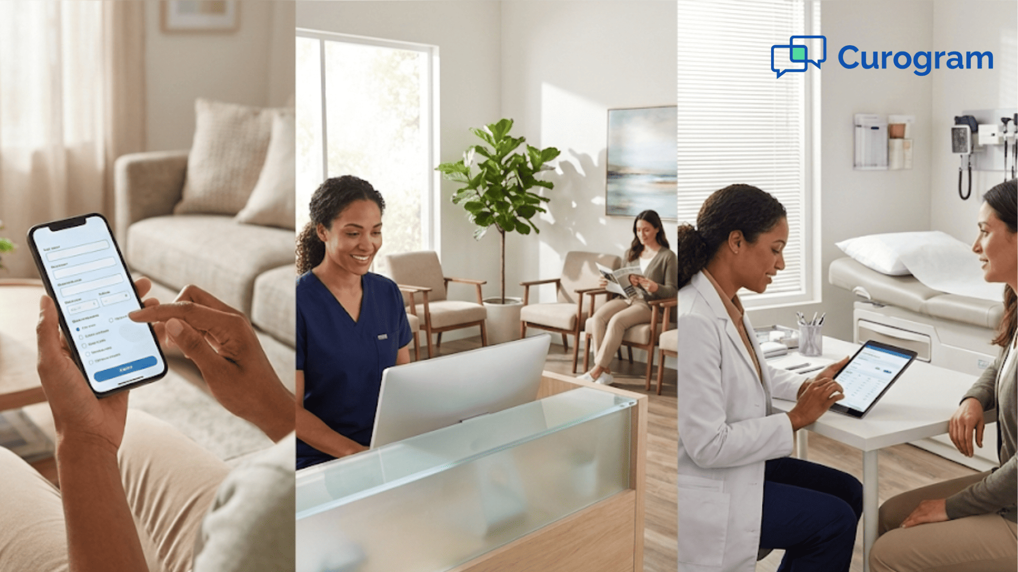 Digital patient intake journey from home form submission to front desk check-in to doctor consultation