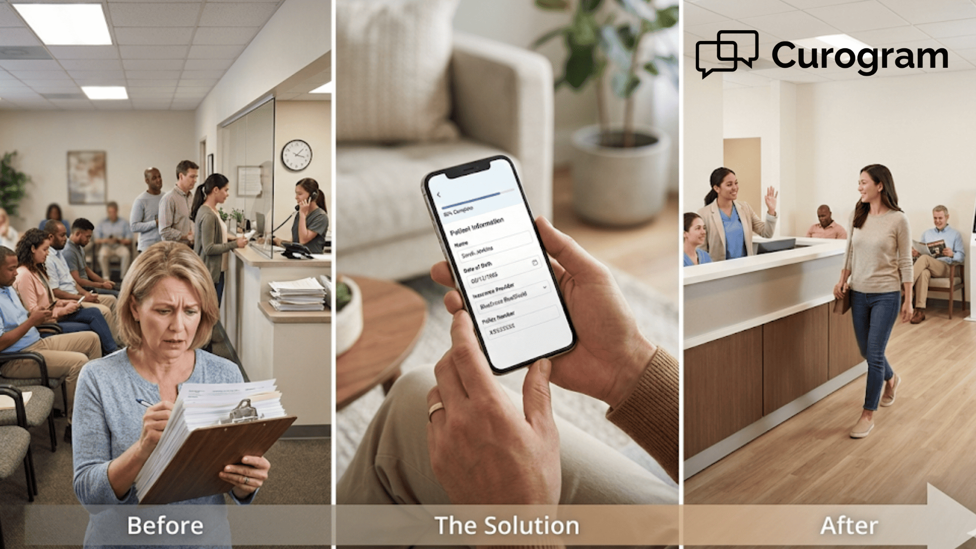 Before and after comparison of paper intake with long lines versus digital patient forms with fast front desk flow