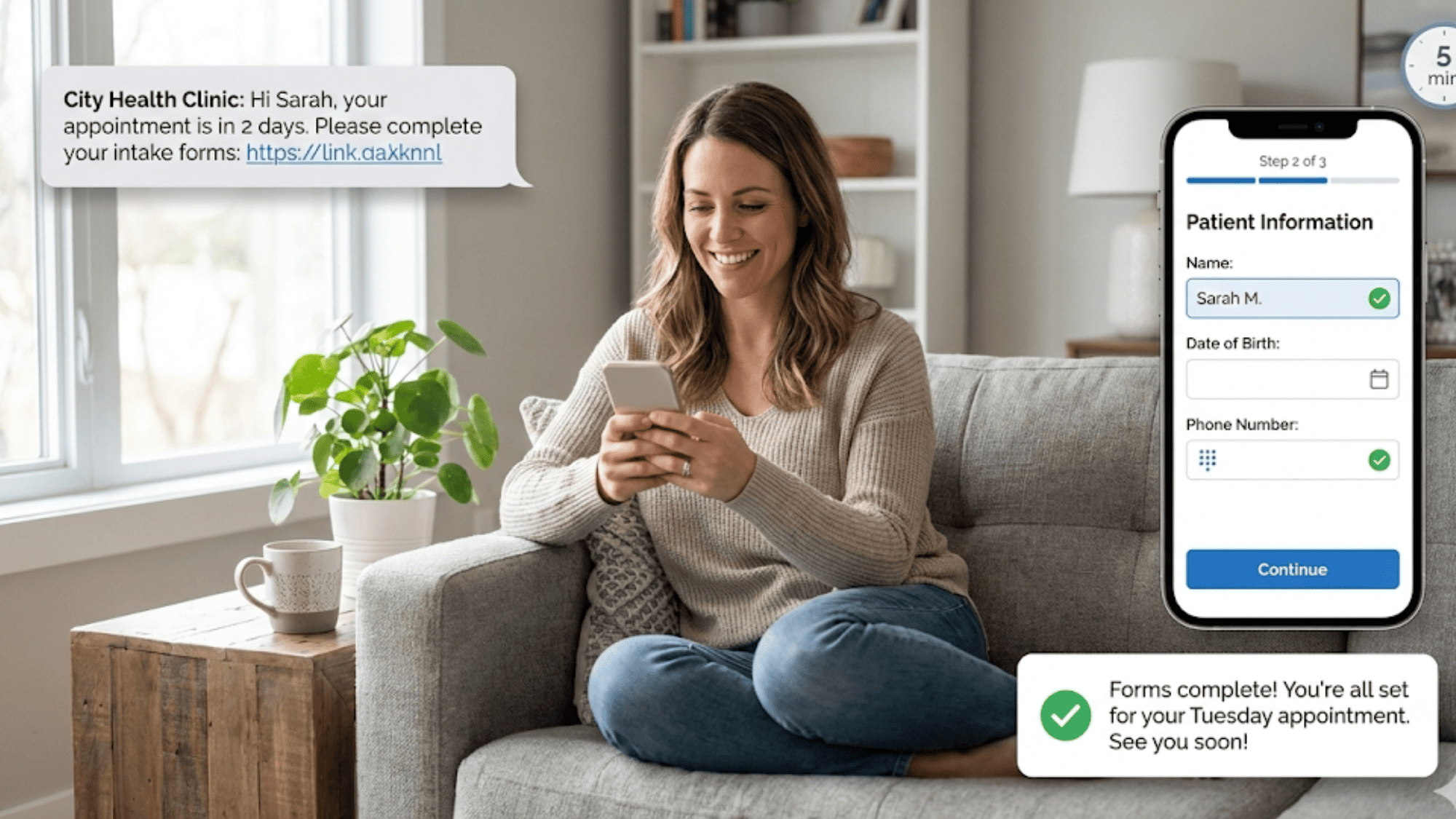 Woman completing digital intake forms on smartphone from home