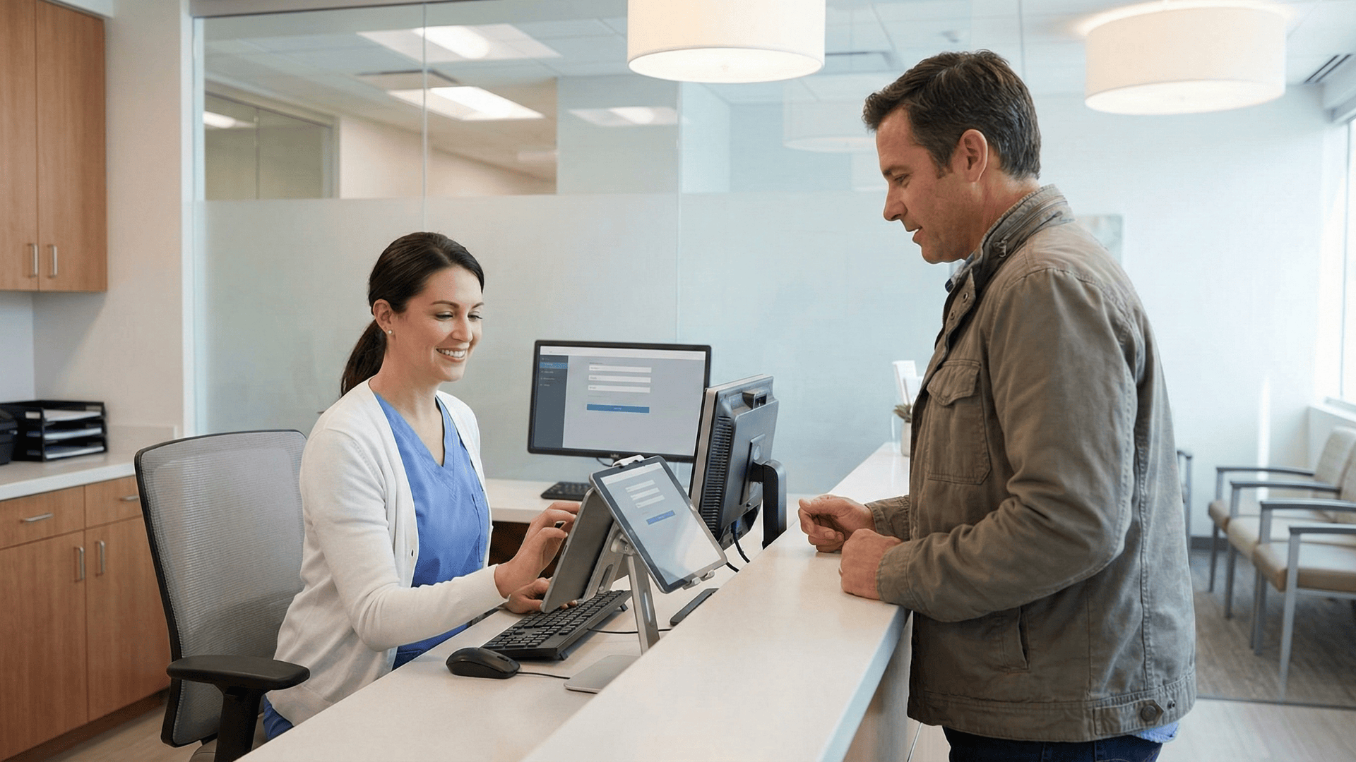Patient checking in with staff using digital intake at an imaging center