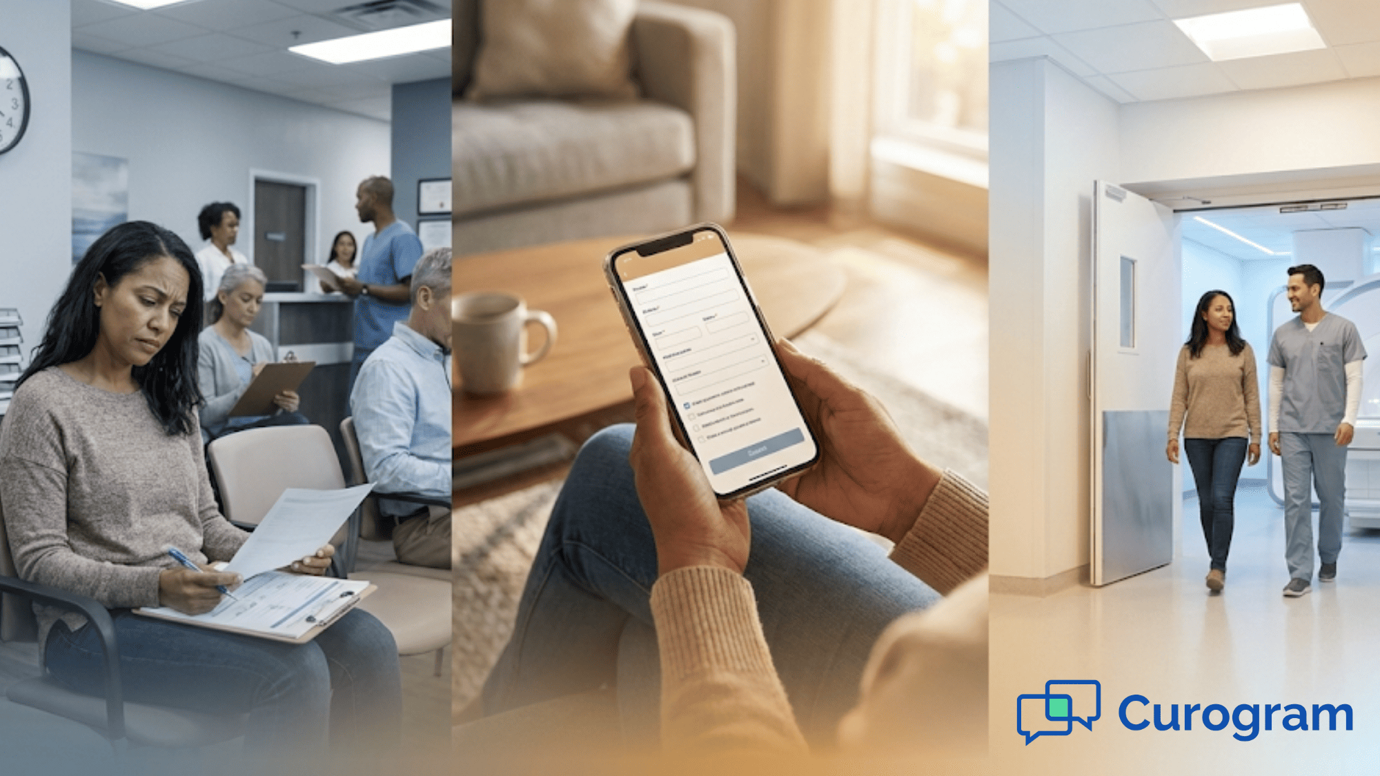Healthcare digital transformation showing paper forms replaced by mobile intake for StreamlineMD practices